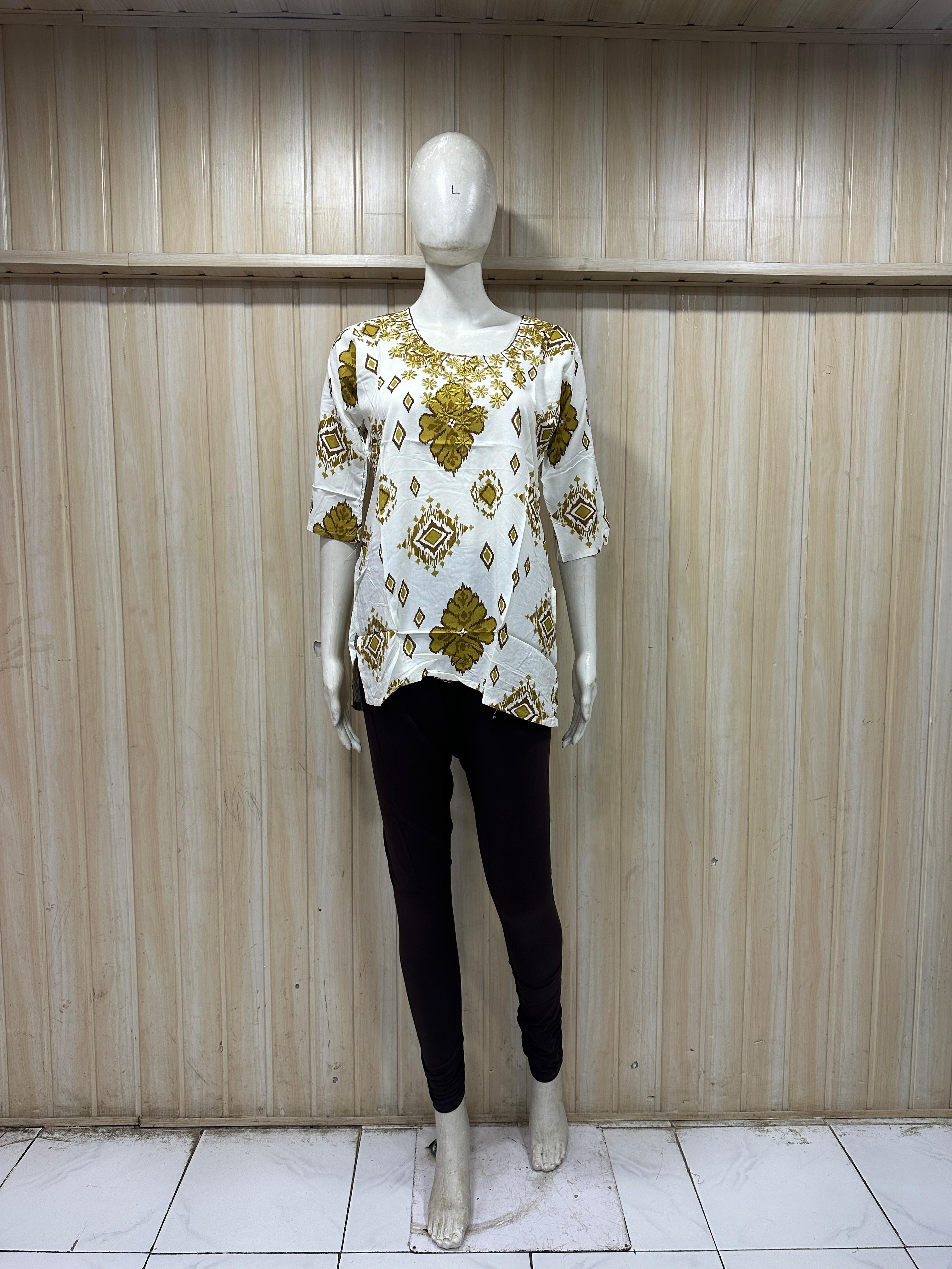 White Cotton Floral Print Single Short Kurti for Women