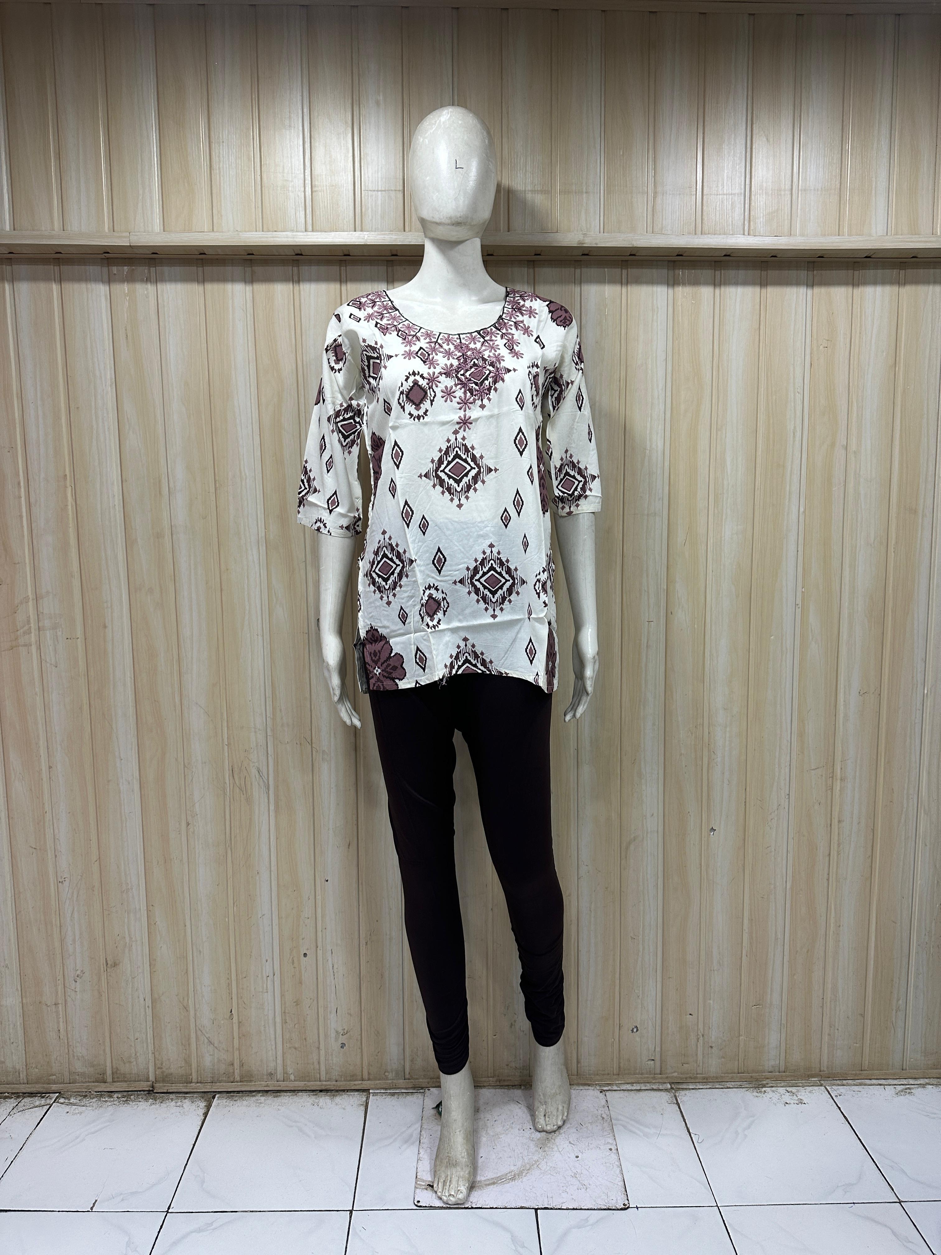 White Cotton Maroon Printed Single Short Kurti for Women