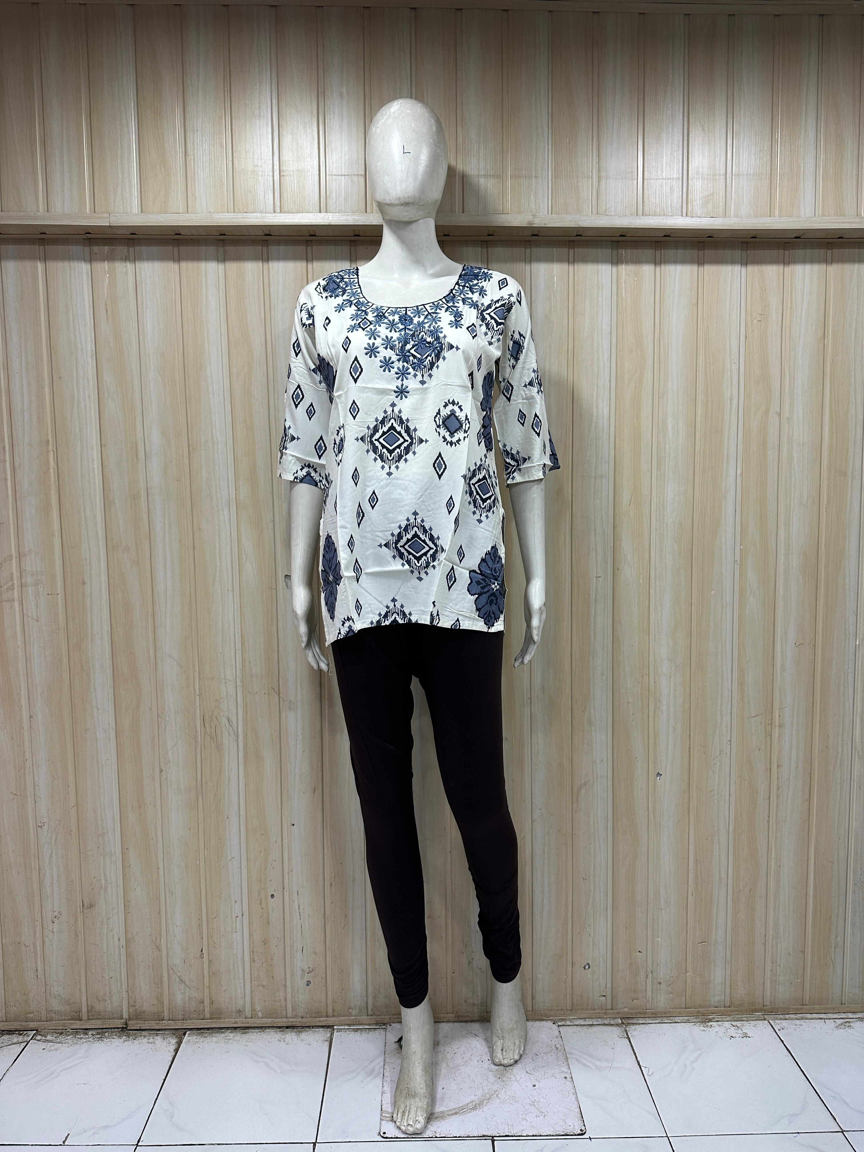 White Cotton Blue Floral Print Single Short Kurti for Women