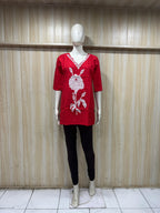Red Cotton Floral Print Single Short Kurti for Women