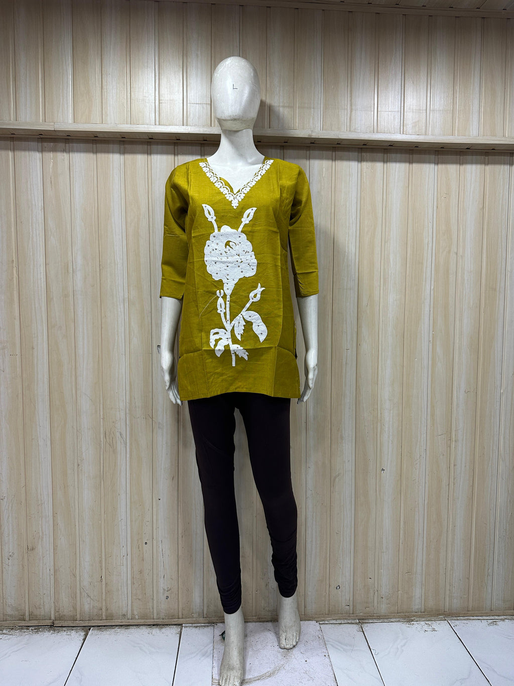 Olive Green Cotton Floral Print Single Short Kurti for Women