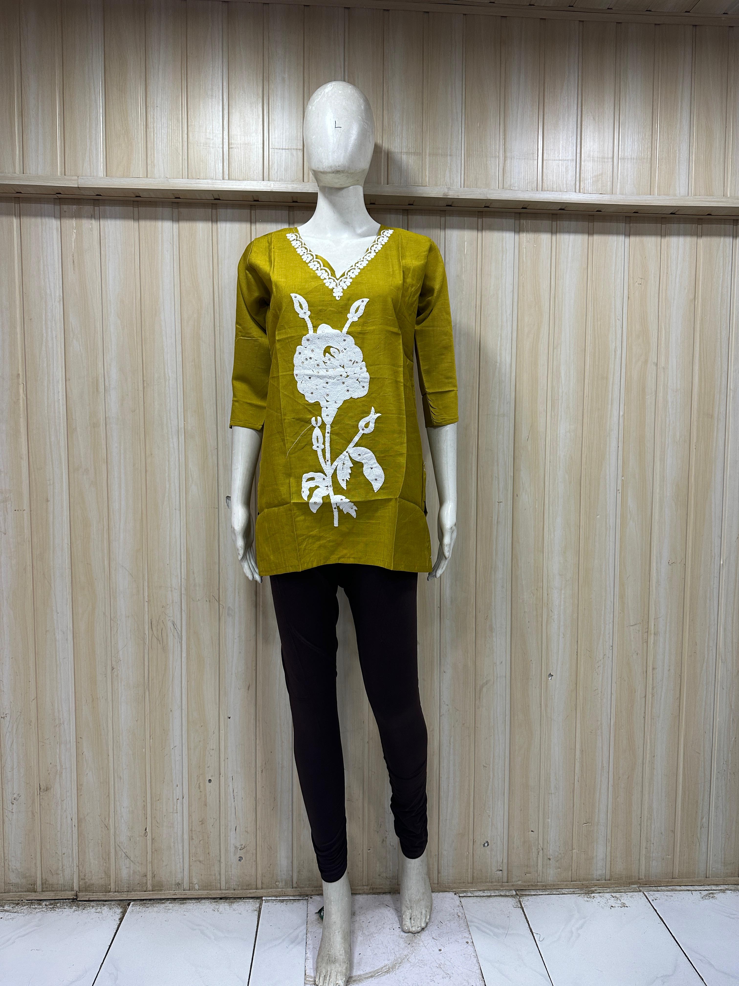 Olive Green Cotton Floral Print Single Short Kurti for Women