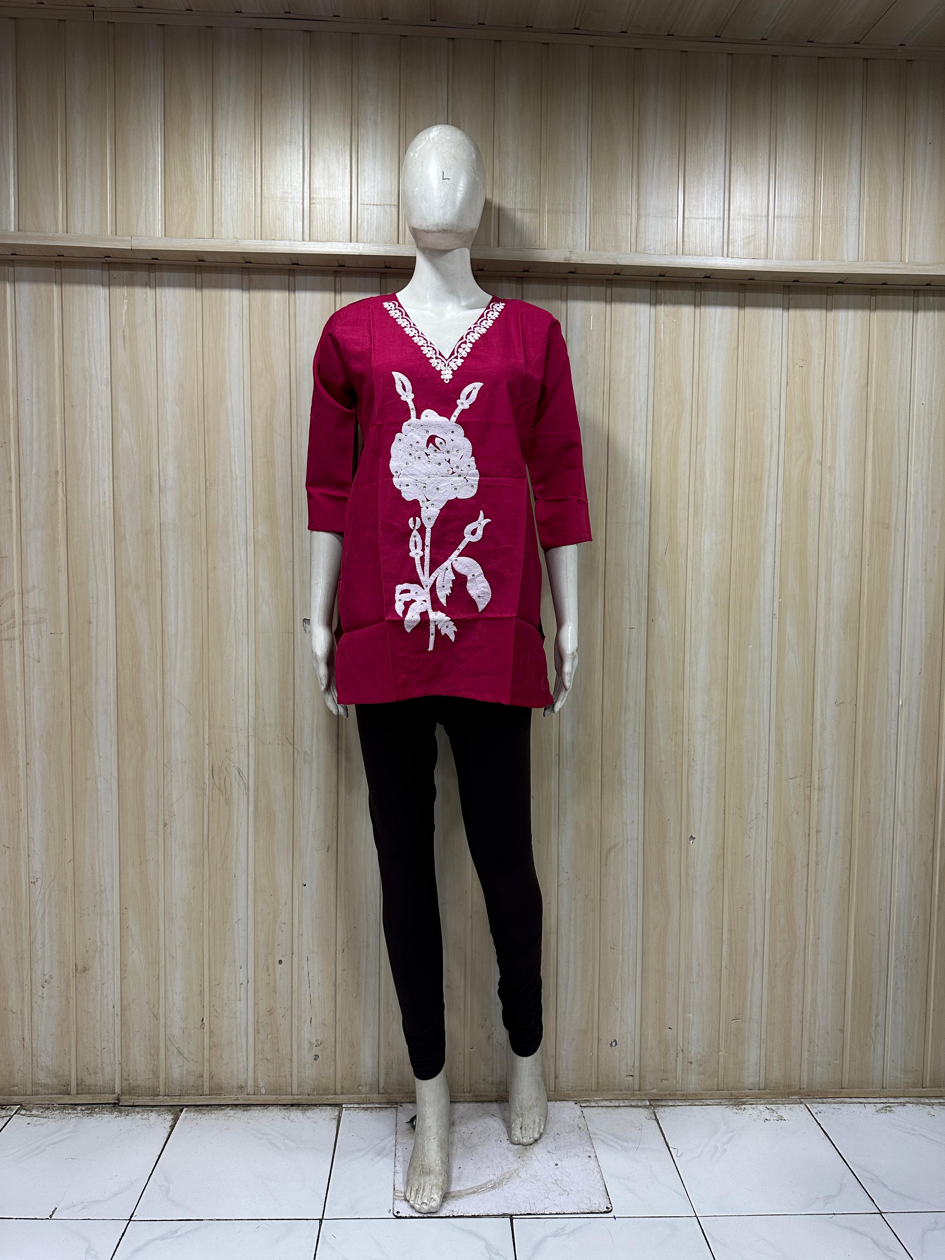 Magenta Cotton Floral Print Single Short Kurti for Women
