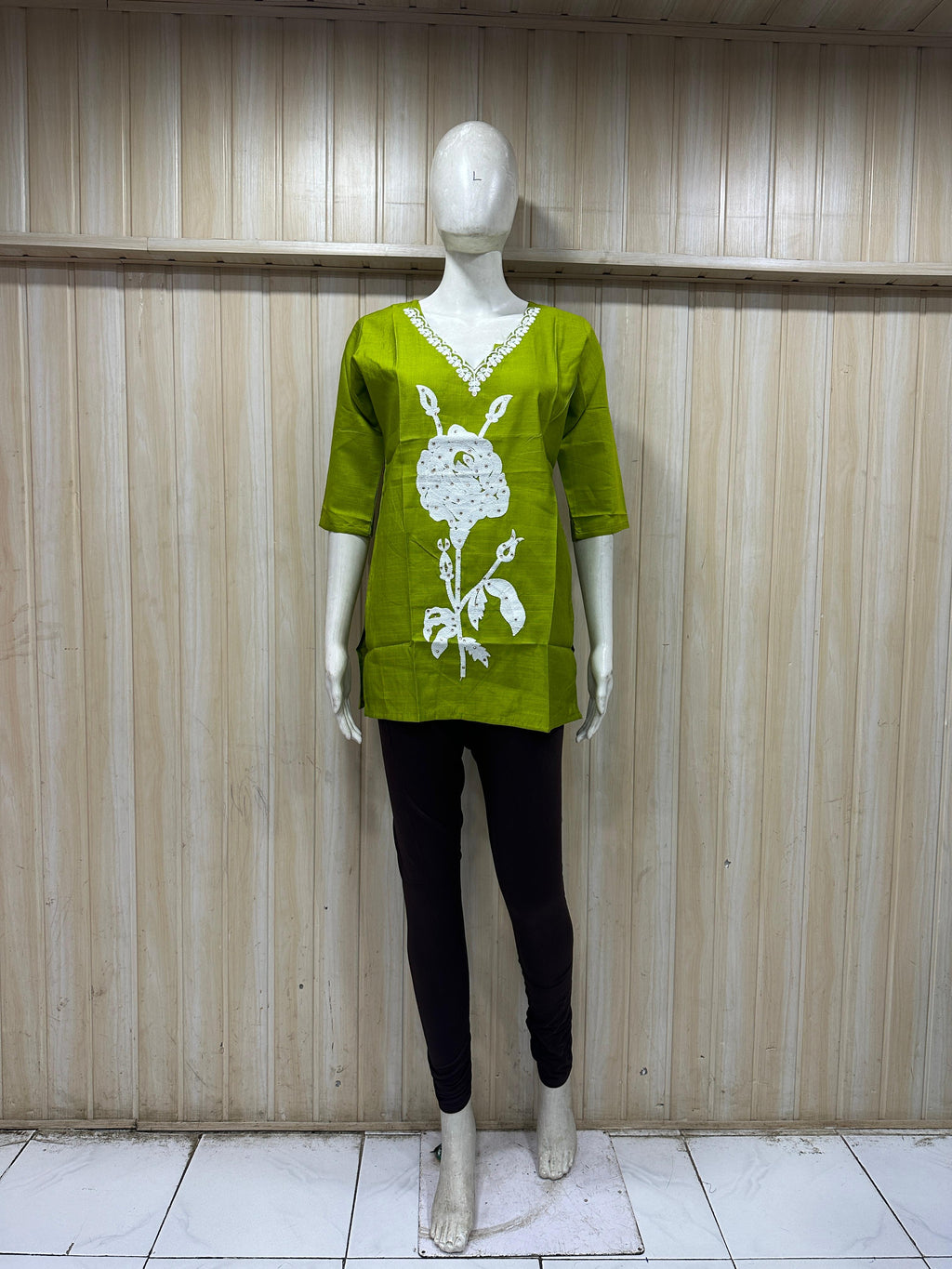 Lime Green Cotton Floral Print Single Short Kurti for Women