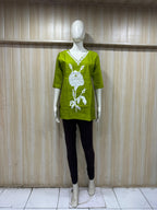 Lime Green Cotton Floral Print Single Short Kurti for Women