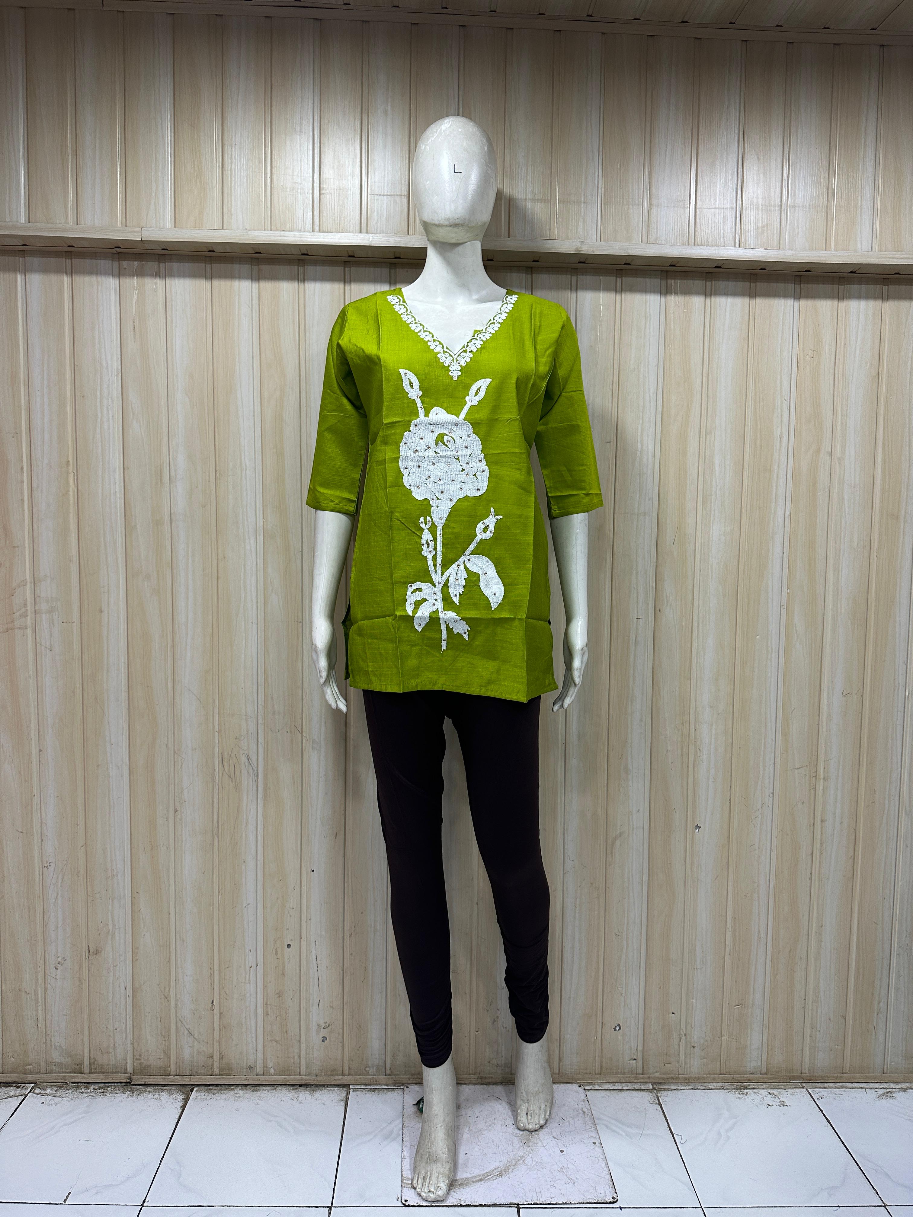 Lime Green Cotton Floral Print Single Short Kurti for Women