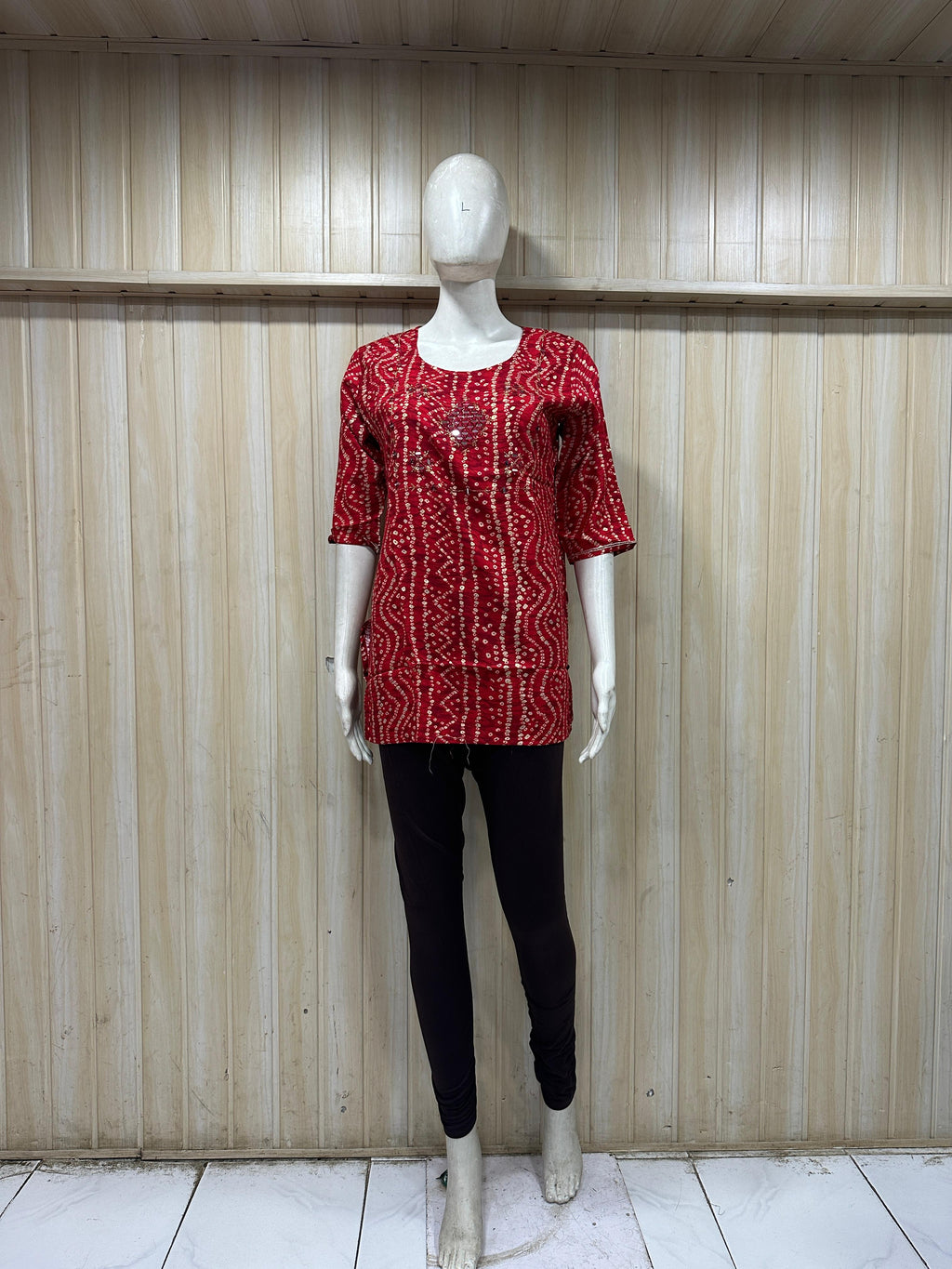 Red Cotton Dotted Wave Print Single Short Kurti for Women