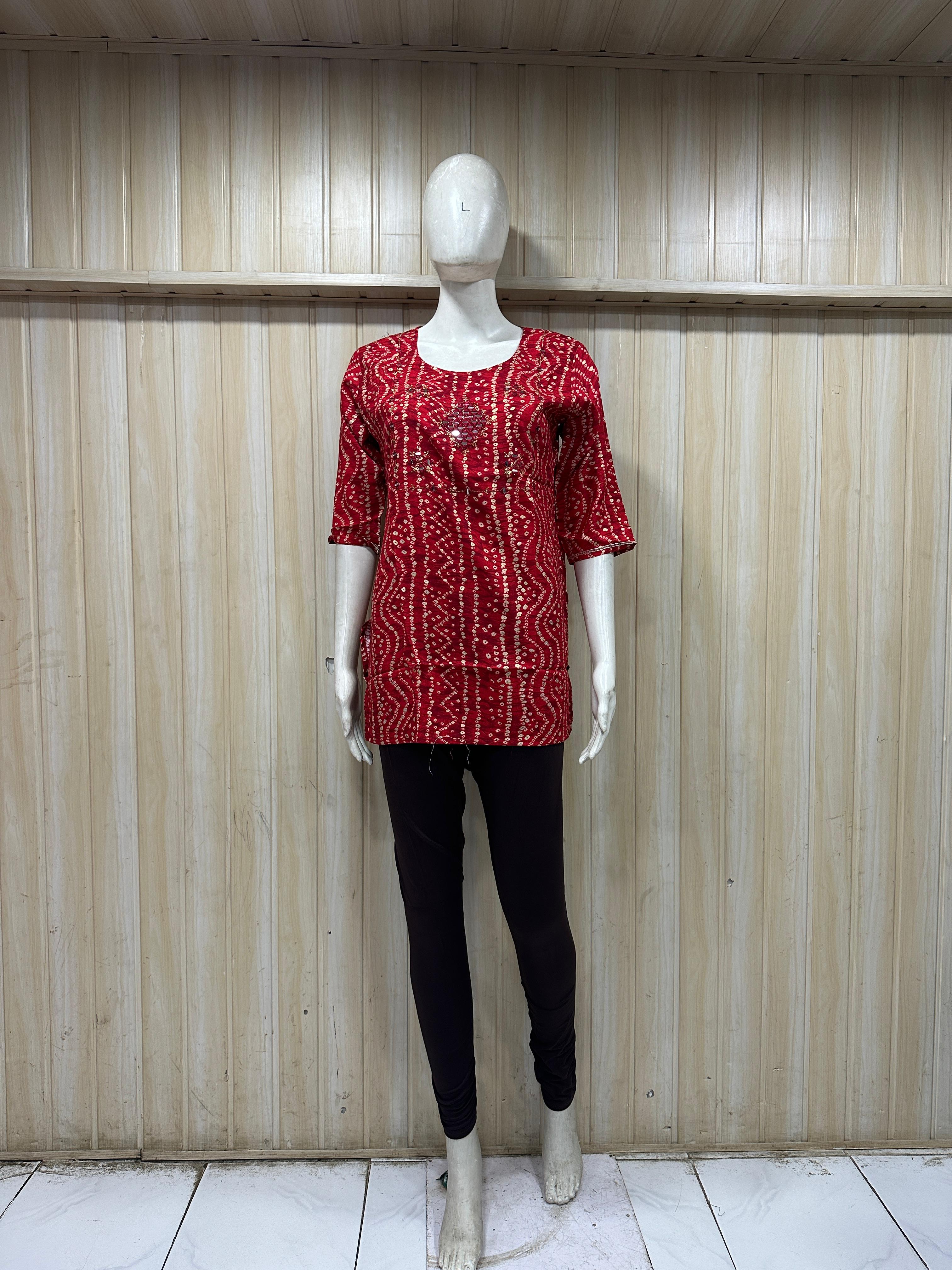 Red Cotton Dotted Wave Print Single Short Kurti for Women