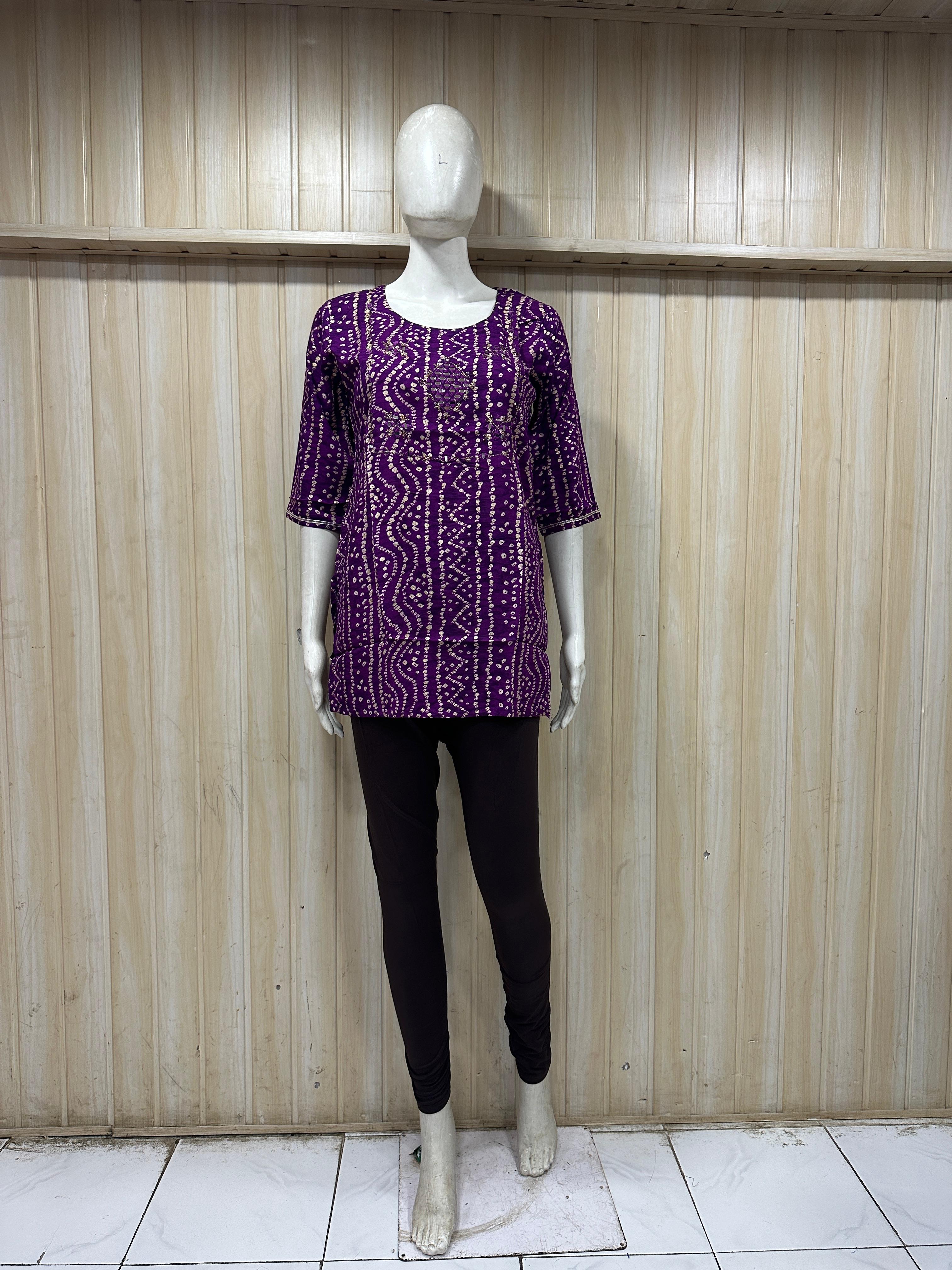 Purple Cotton Bandhani Print Single Short Kurti for Women