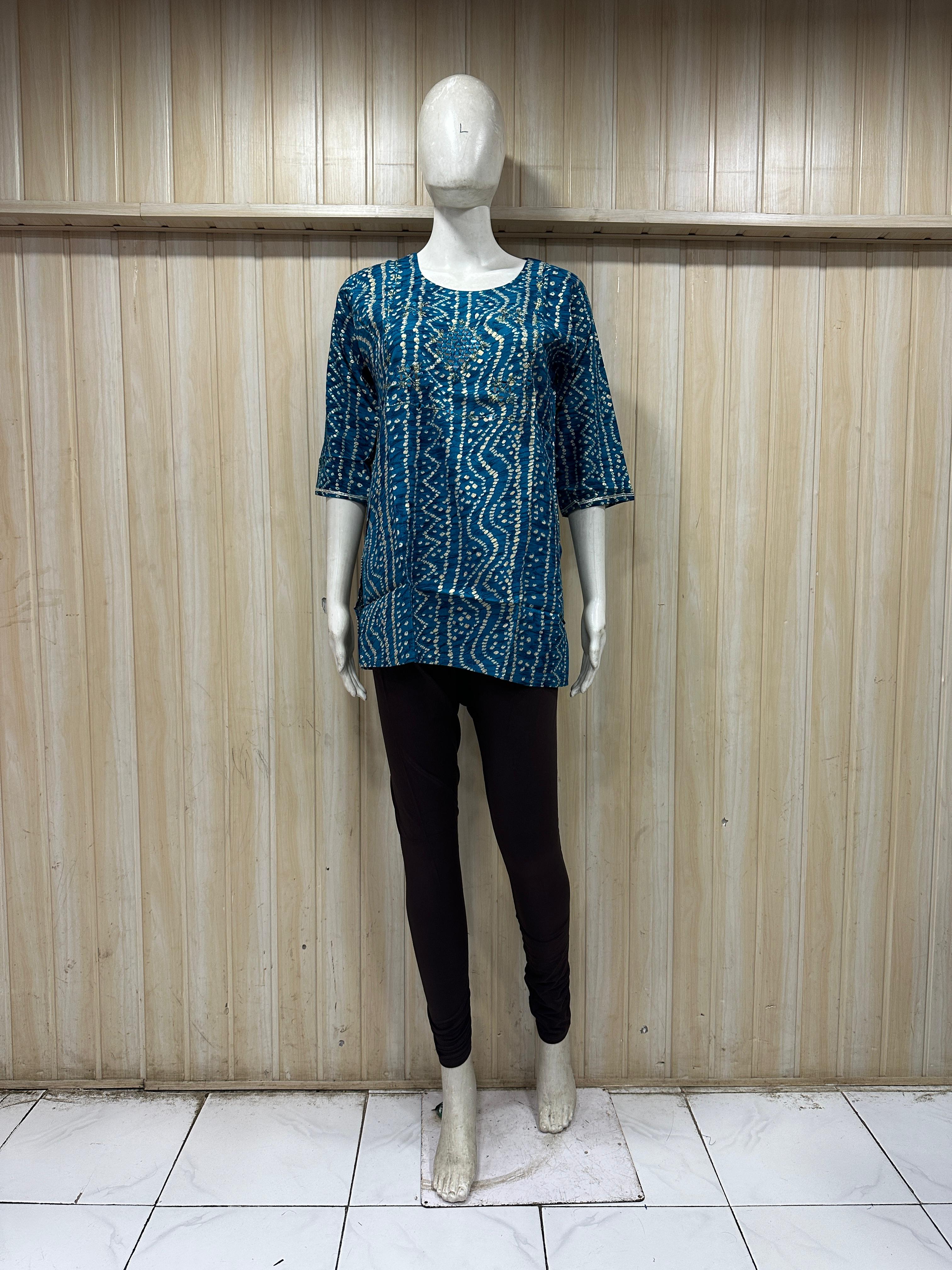 Teal Blue Cotton Bandhani Print Single Short Kurti for Women