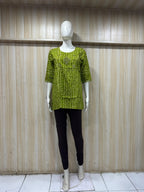 Olive Green Cotton Printed Single Short Kurti For Women