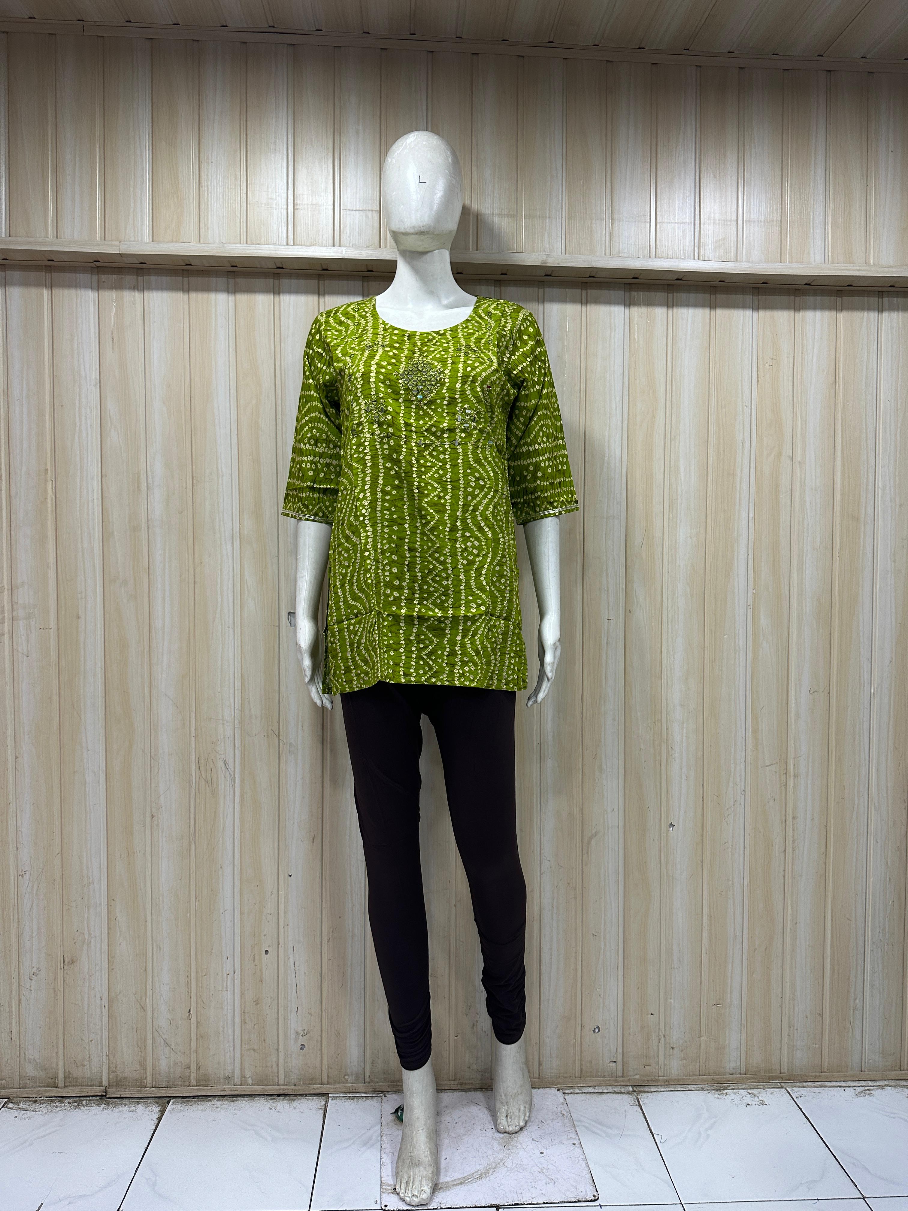 Olive Green Cotton Printed Single Short Kurti For Women