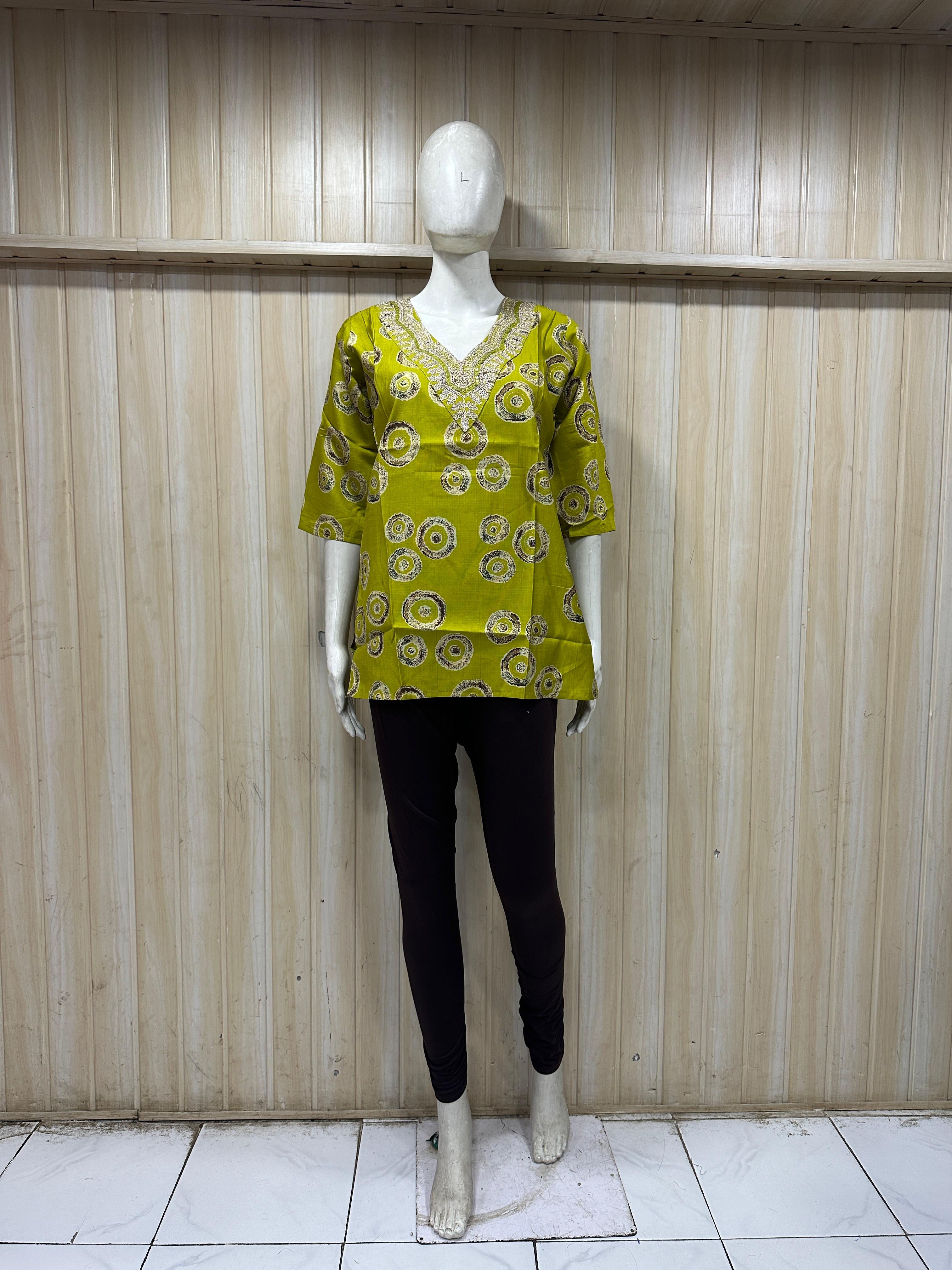Olive Green Cotton Printed Single Short Kurti for Women