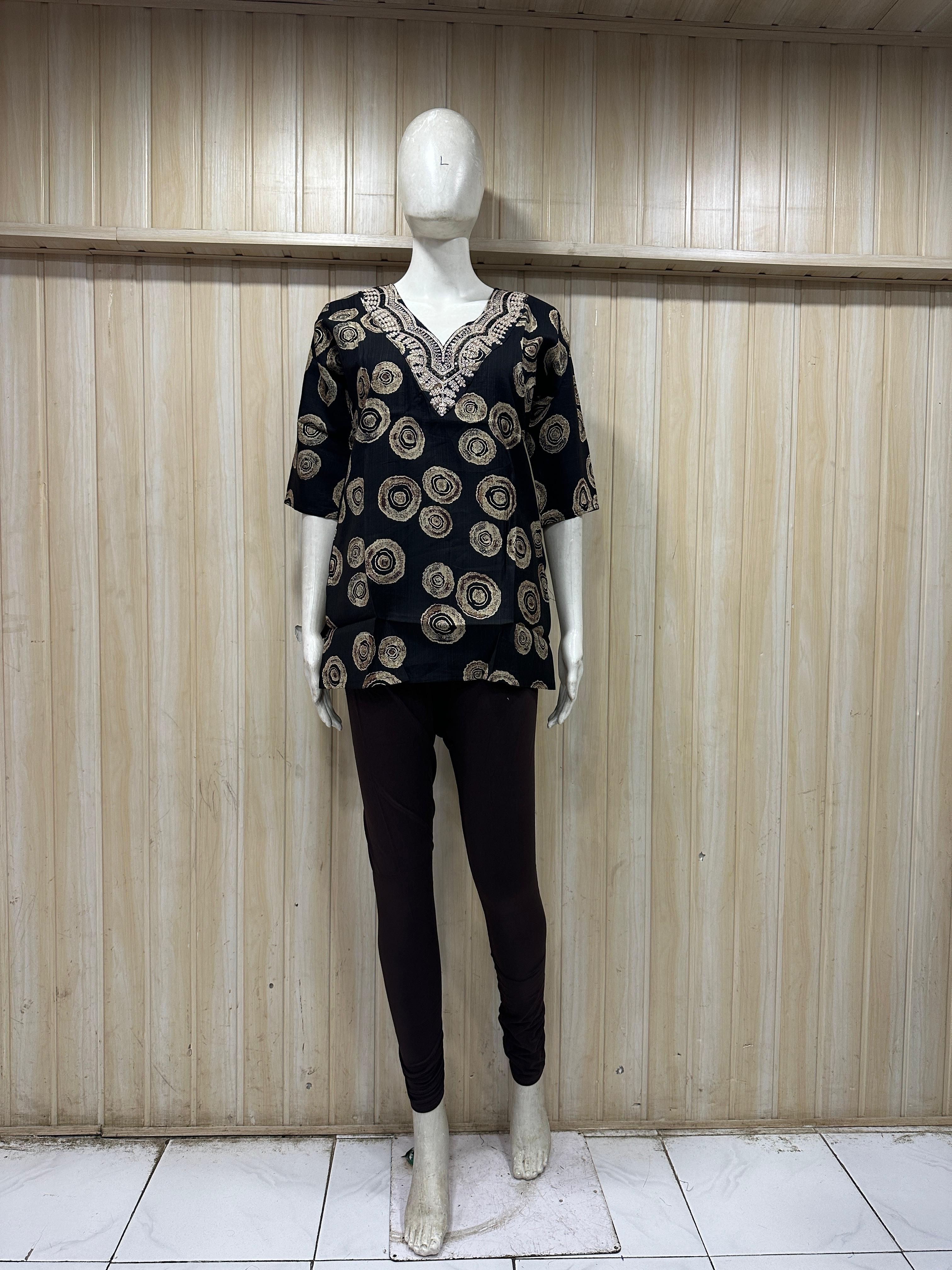Black Cotton Circular Print Single Short Kurti for Women