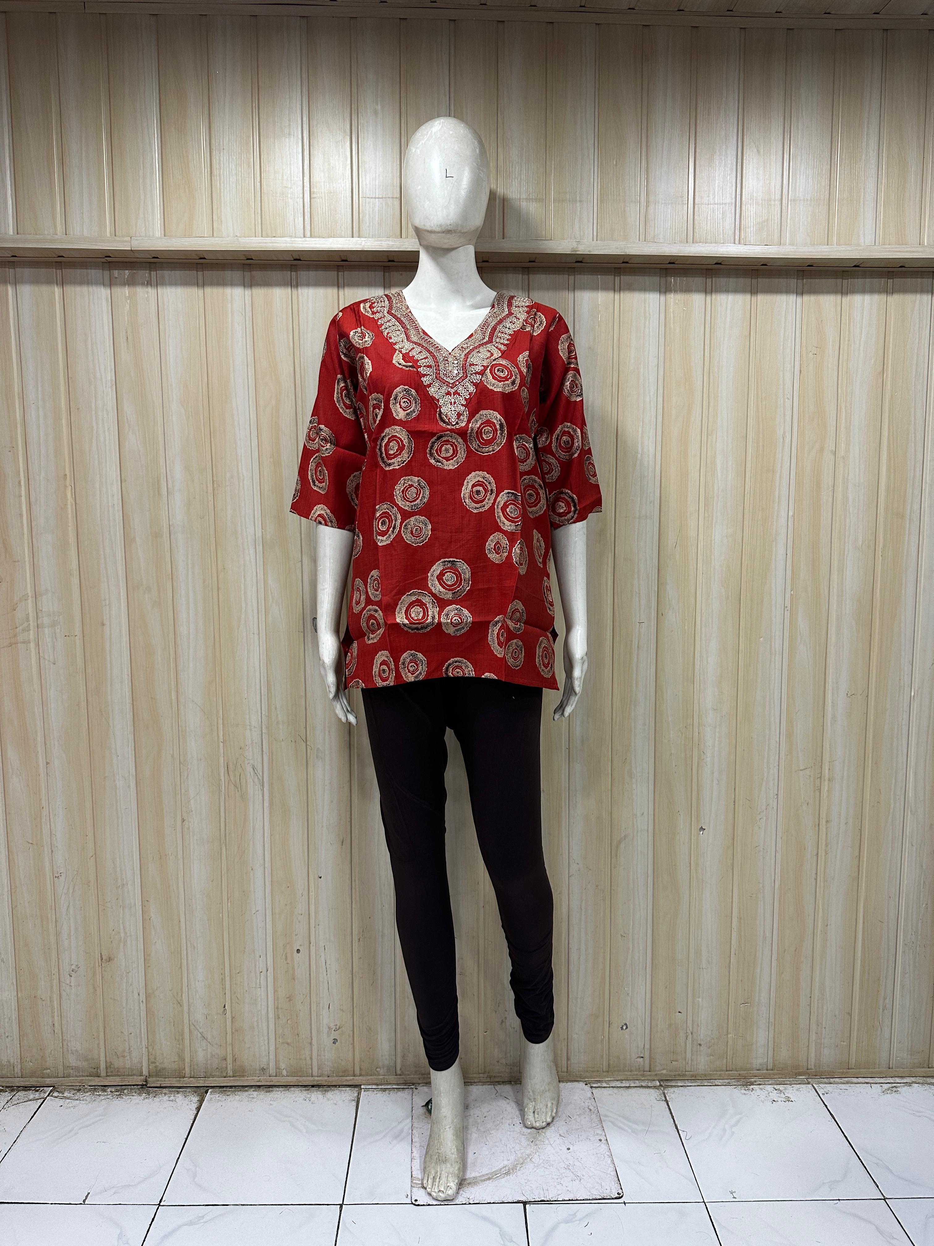 Red Cotton Circular Print Single Short Kurti for Women