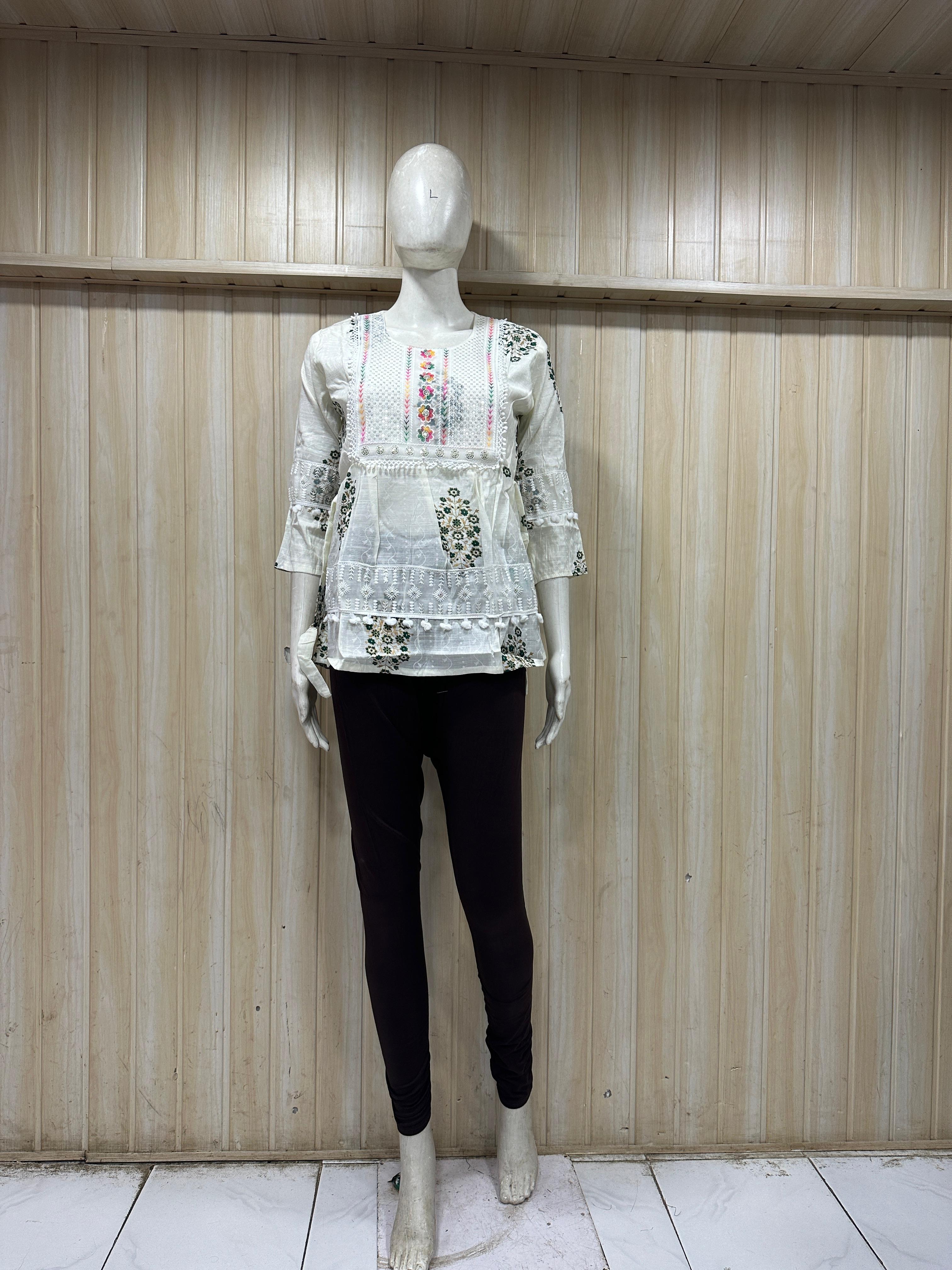 White Cotton Floral Print Single Short Kurti for Women