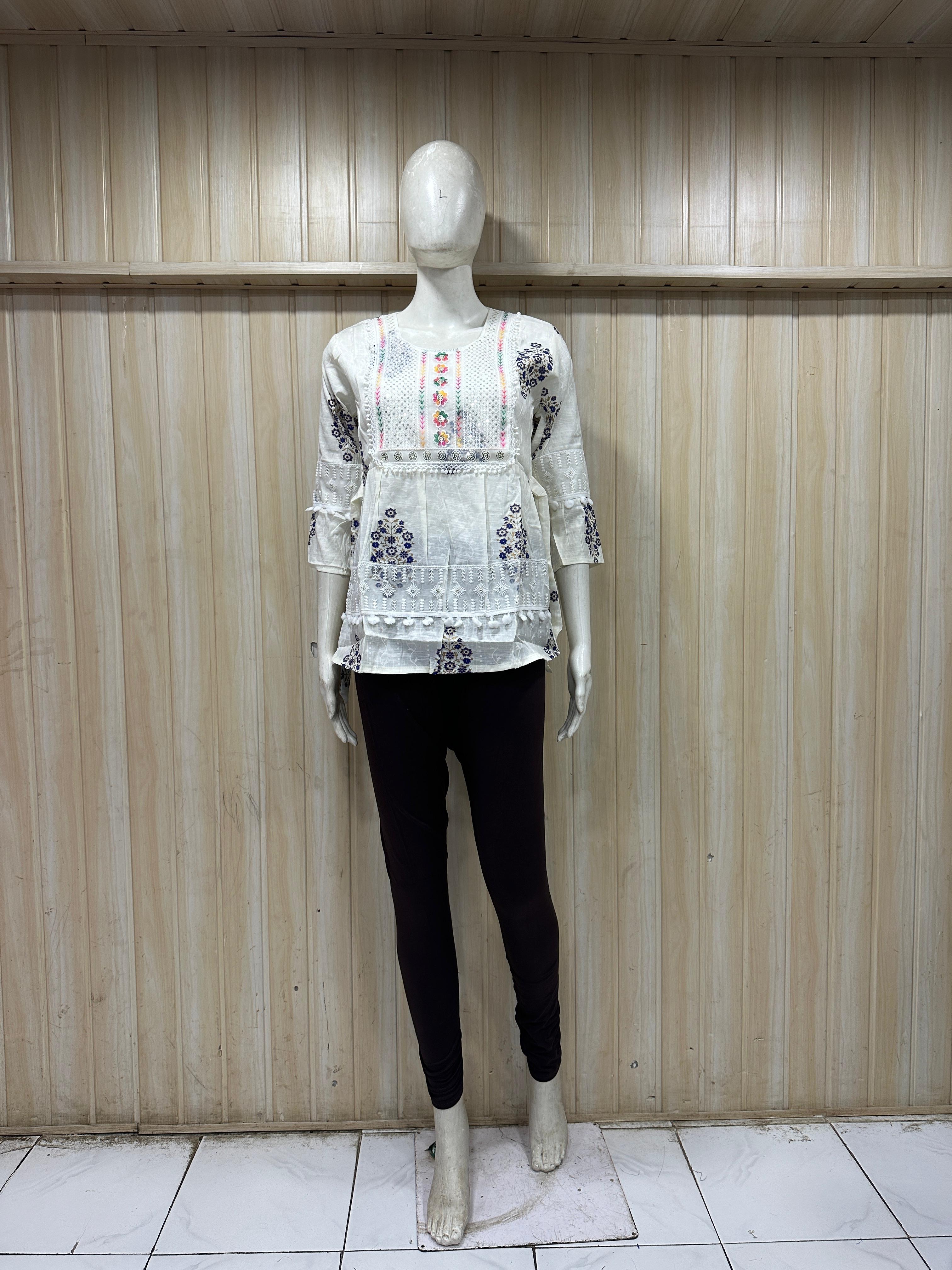 White Cotton Floral Print Single Short Kurti for Women