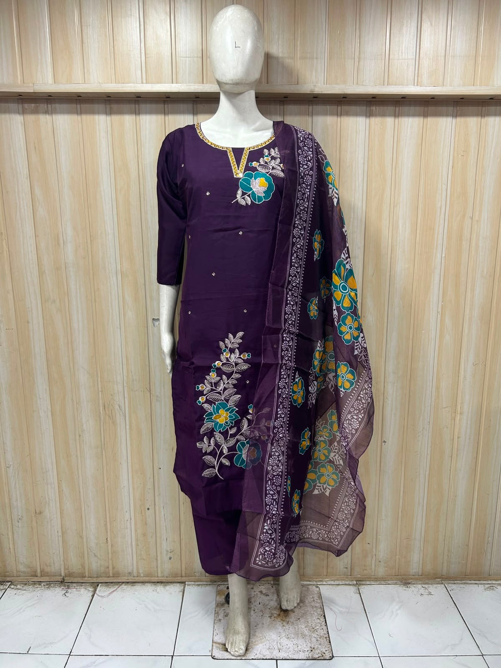 Deep Purple ROMAN SILK Embroidered 3-Piece Ethnic Suit Set