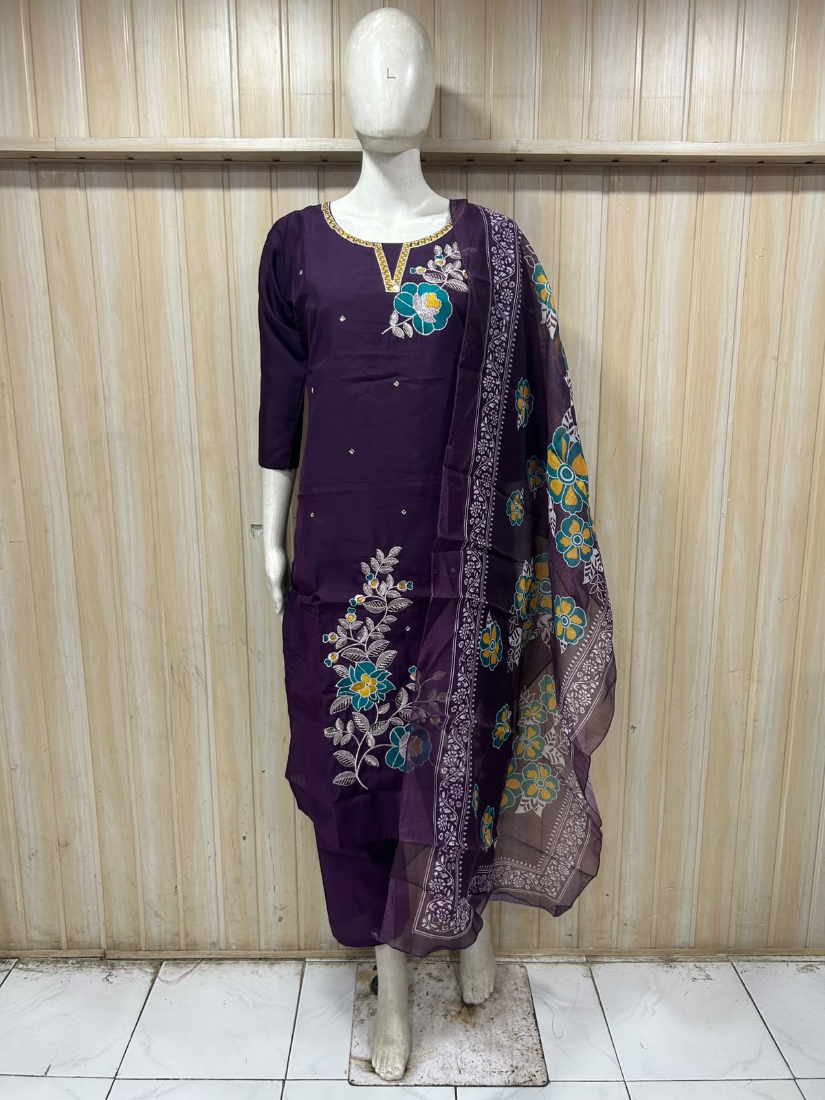 Deep Purple ROMAN SILK Embroidered 3-Piece Ethnic Suit Set