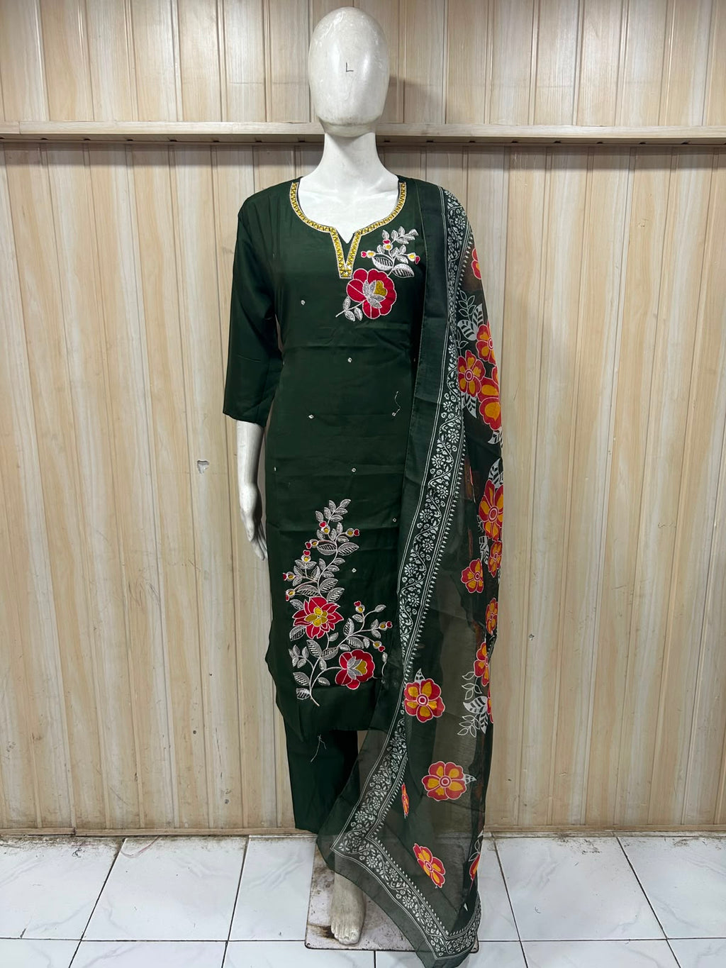 Bottle Green ROMAN SILK Floral Embroidered 3-Piece Suit Set