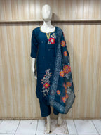 Deep Teal ROMAN SILK Floral Embroidered 3-Piece Suit Set