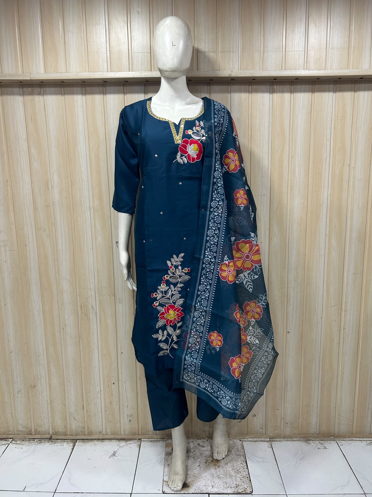Deep Teal ROMAN SILK Floral Embroidered 3-Piece Suit Set