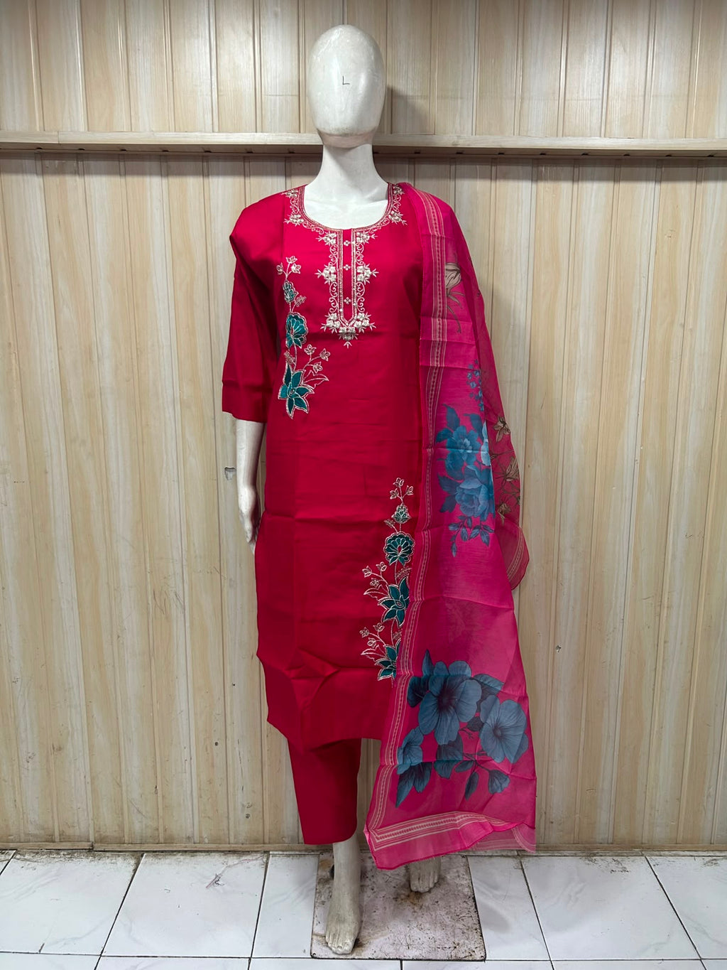 Rani Pink ROMAN SILK Floral Embroidered 3-Piece Suit Set