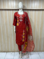 Red ROMAN SILK Embroidered 3-Piece Ethnic Suit Set