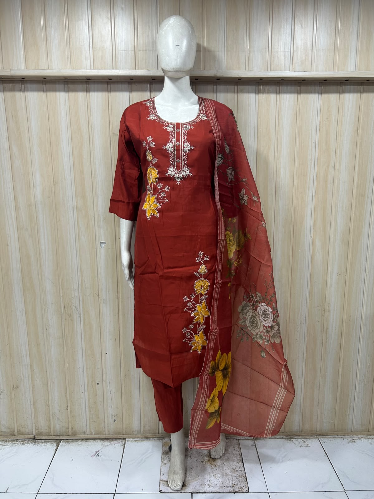 Red ROMAN SILK Embroidered 3-Piece Ethnic Suit Set