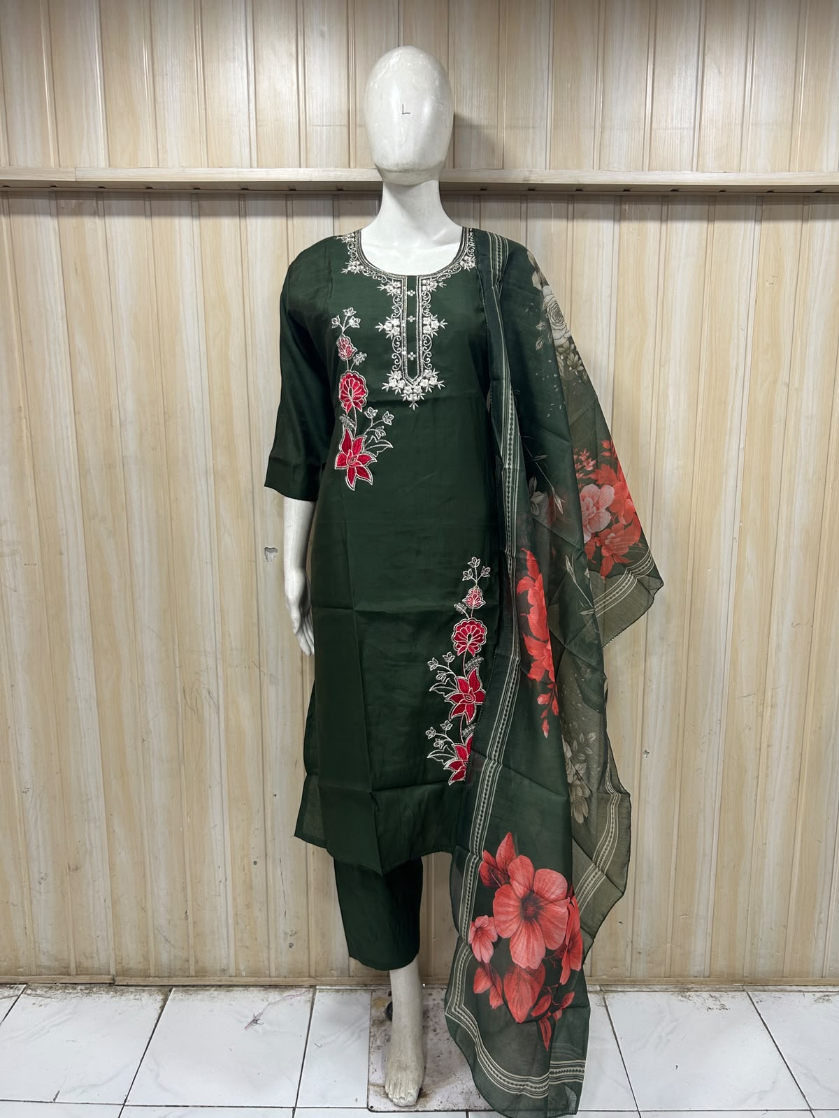 Bottle Green ROMAN SILK Floral Embroidered 3-Piece Suit Set