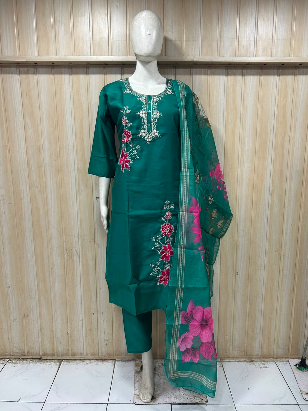 Teal Green ROMAN SILK Floral Embroidered 3-Piece Suit Set