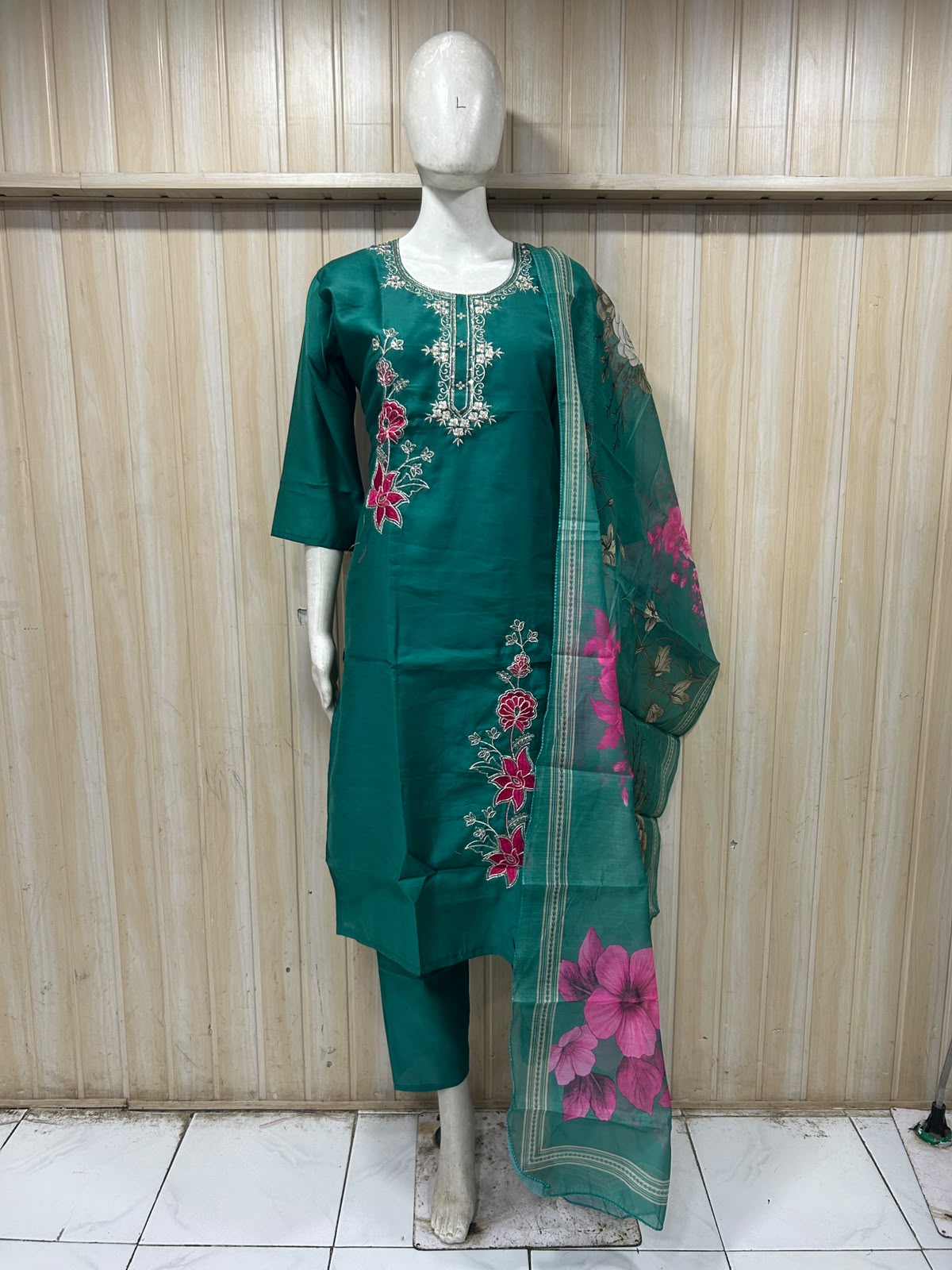 Teal Green ROMAN SILK Floral Embroidered 3-Piece Suit Set