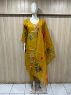 Mustard Yellow ROMAN SILK Embroidered 3-Piece Ethnic Suit