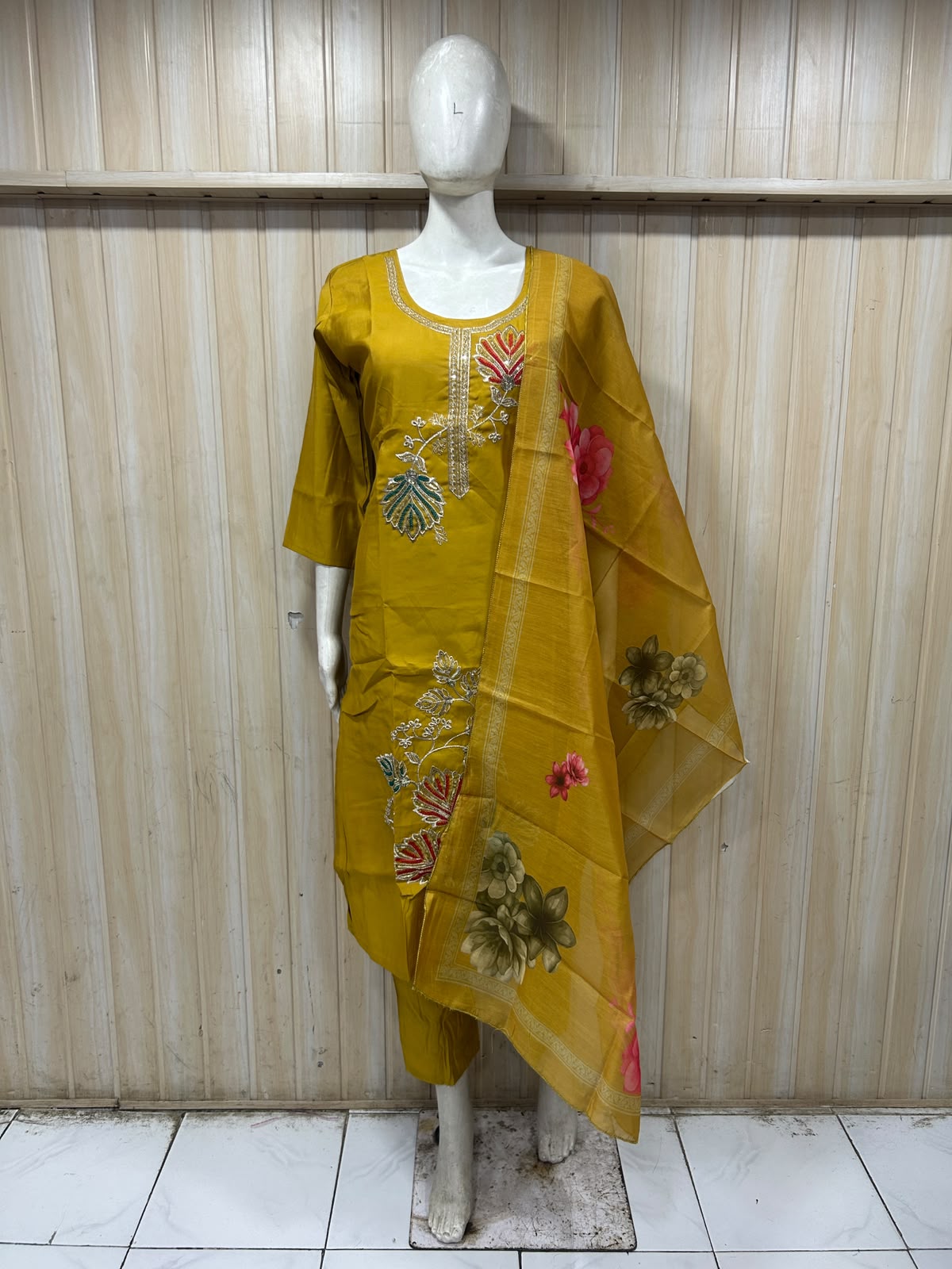 Mustard Yellow ROMAN SILK Embroidered 3-Piece Ethnic Suit