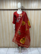 Red ROMAN SILK Floral Embroidered 3-Piece Ethnic Suit Set