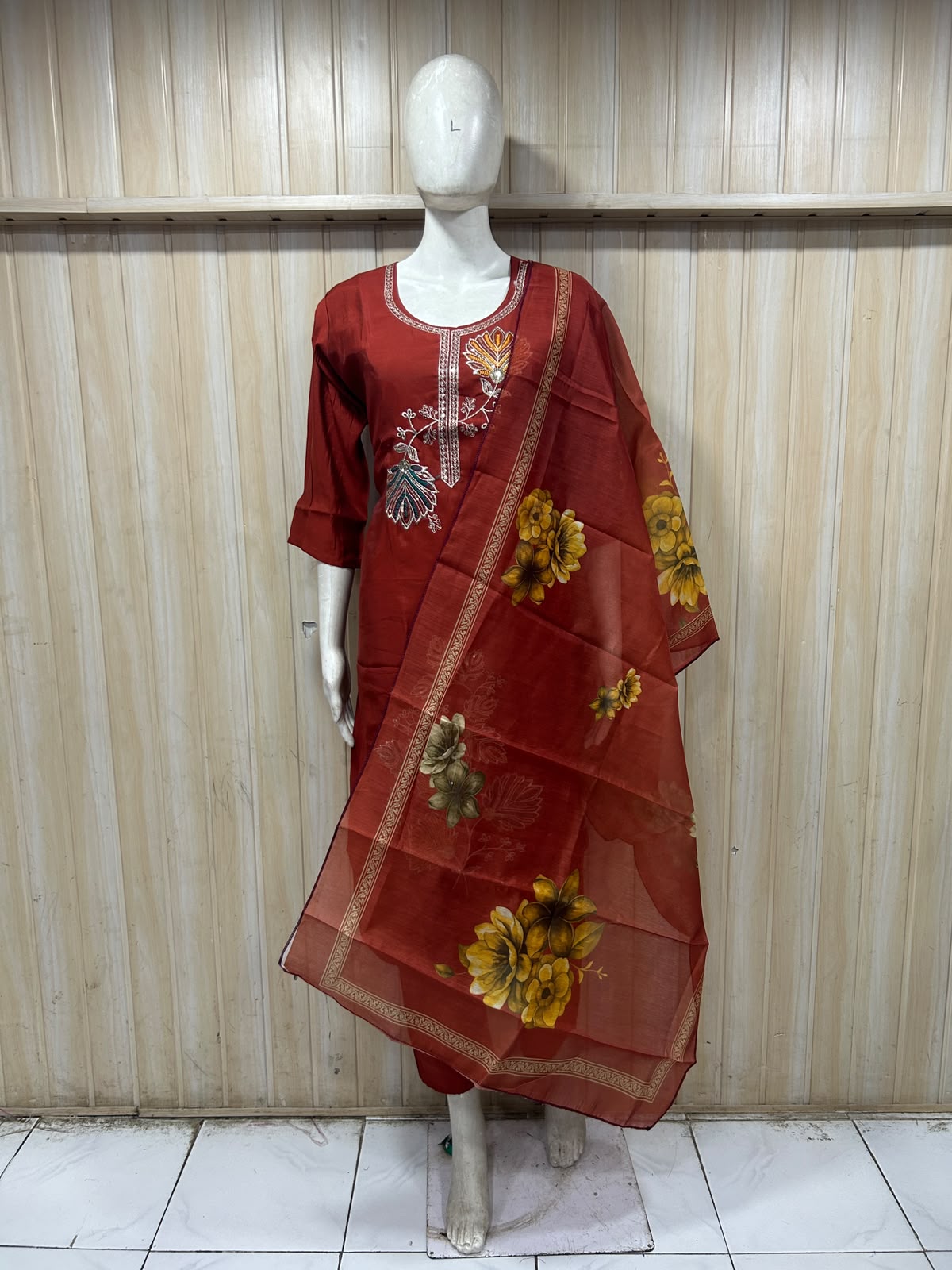 Red ROMAN SILK Floral Embroidered 3-Piece Ethnic Suit Set