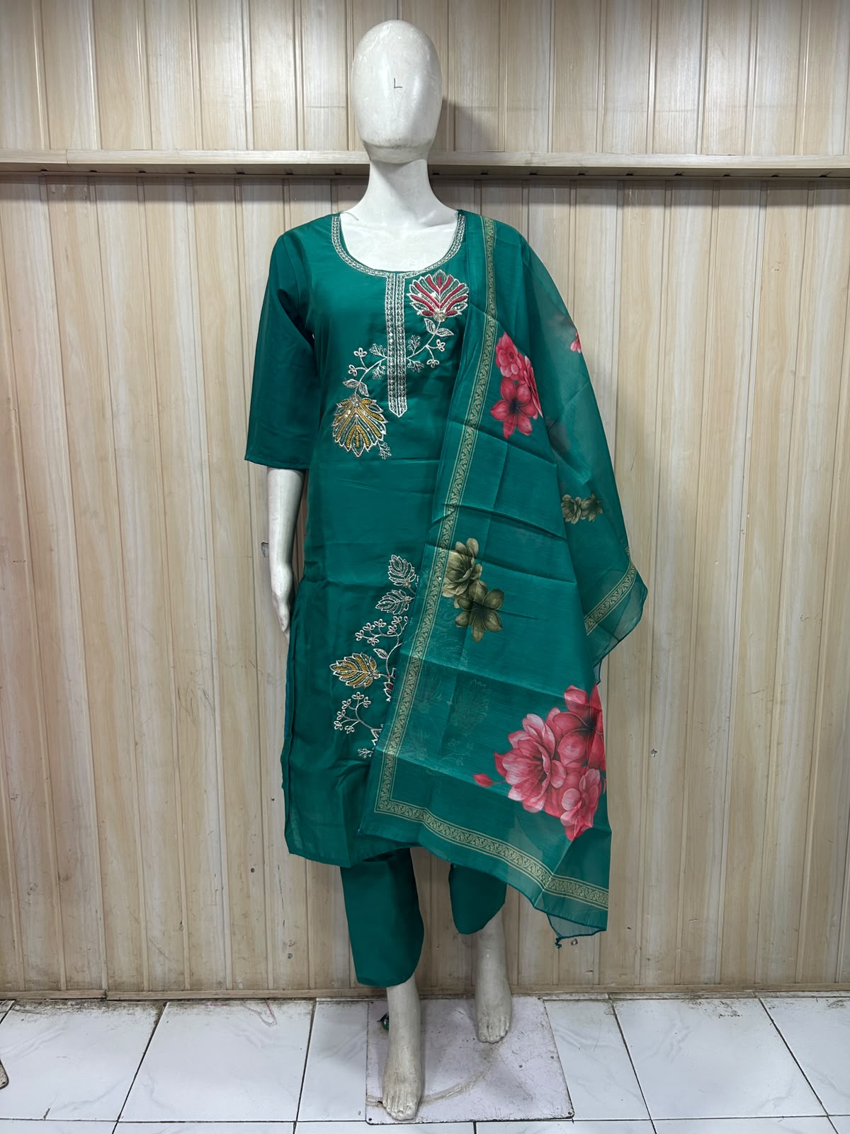 Teal ROMAN SILK Embroidered 3-Piece Ethnic Suit Set