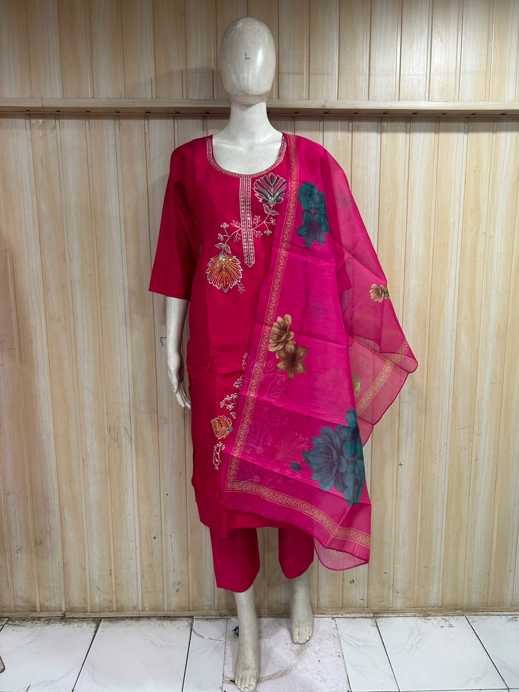 Fuchsia Pink ROMAN SILK Embroidered 3-Piece Ethnic Suit Set