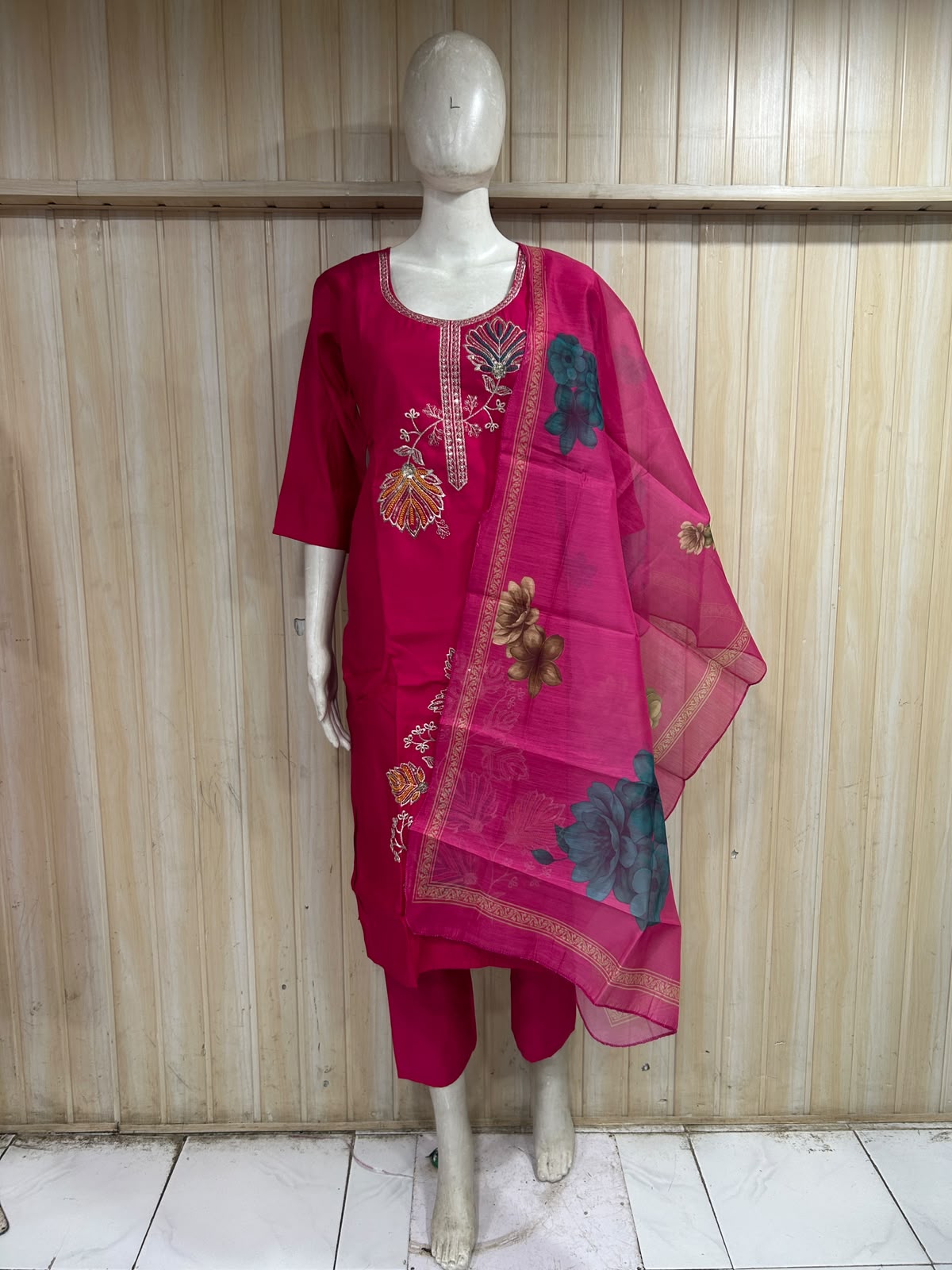 Fuchsia Pink ROMAN SILK Embroidered 3-Piece Ethnic Suit Set