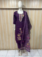 Purple ROMAN SILK Embroidered 3-Piece Ethnic Suit Set