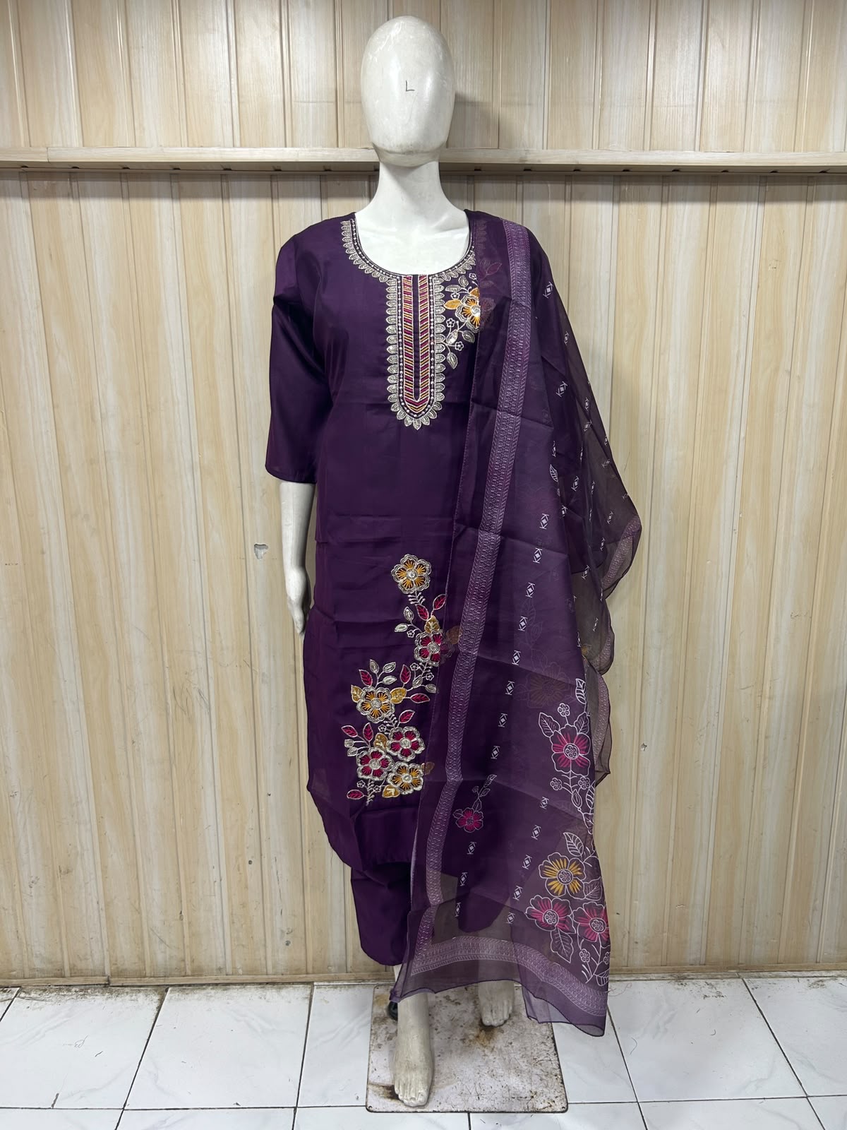 Purple ROMAN SILK Embroidered 3-Piece Ethnic Suit Set