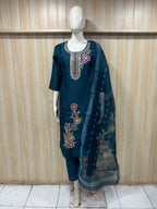 Navy Blue ROMAN SILK Embroidered 3-Piece Ethnic Suit Set