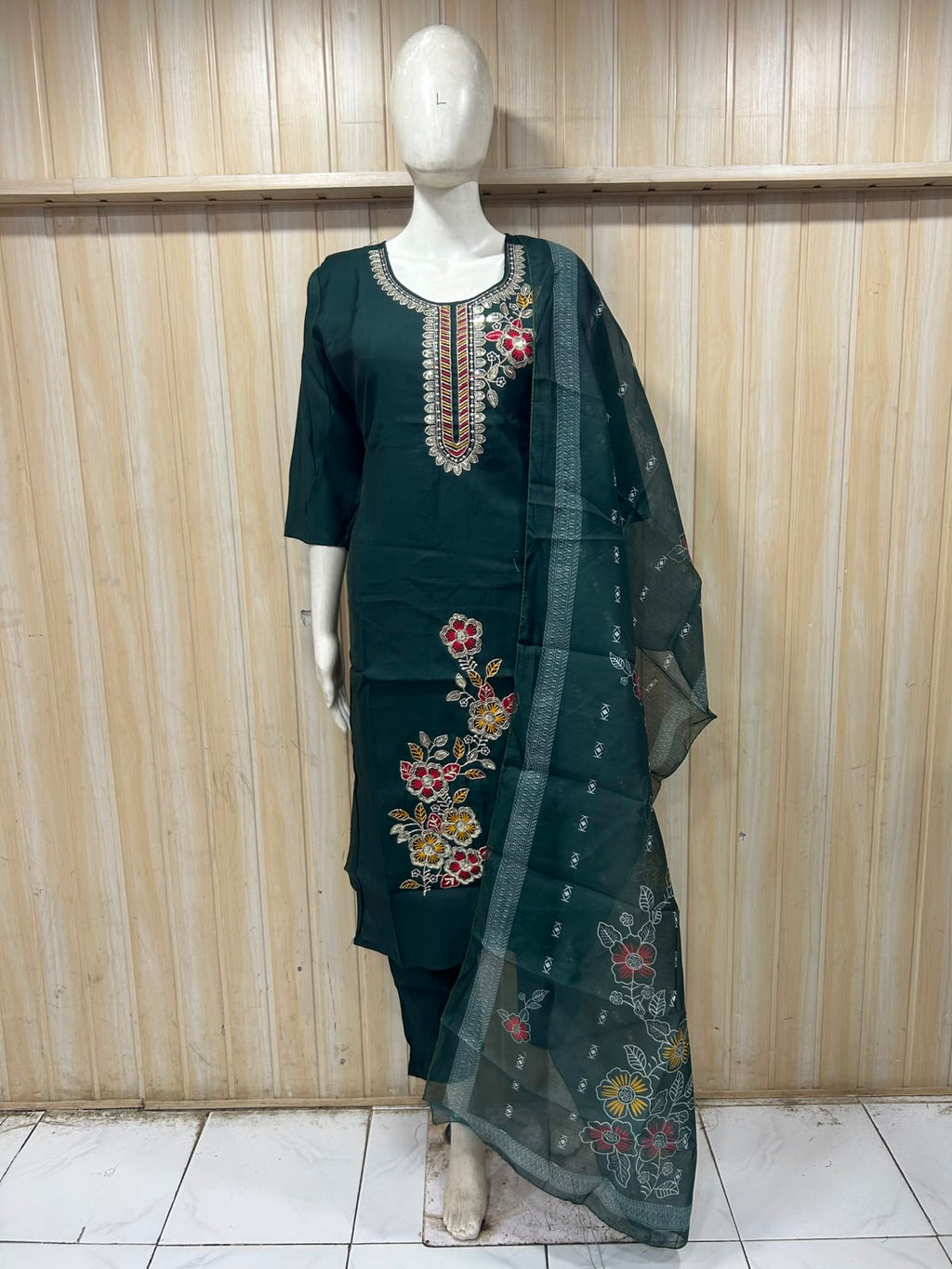 Deep Teal ROMAN SILK Embroidered 3-Piece Ethnic Suit Set