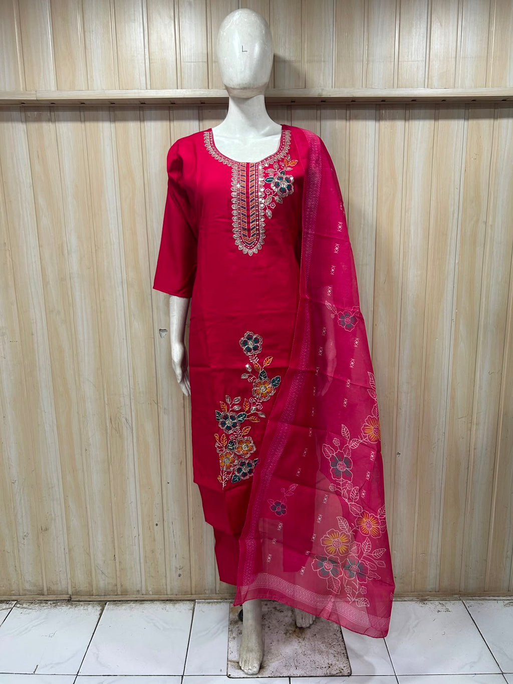 Fuchsia Pink ROMAN SILK Embroidered 3-Piece Ethnic Suit Set