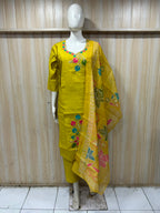 Yellow ROMAN SILK Embroidered 3-Piece Ethnic Suit Set