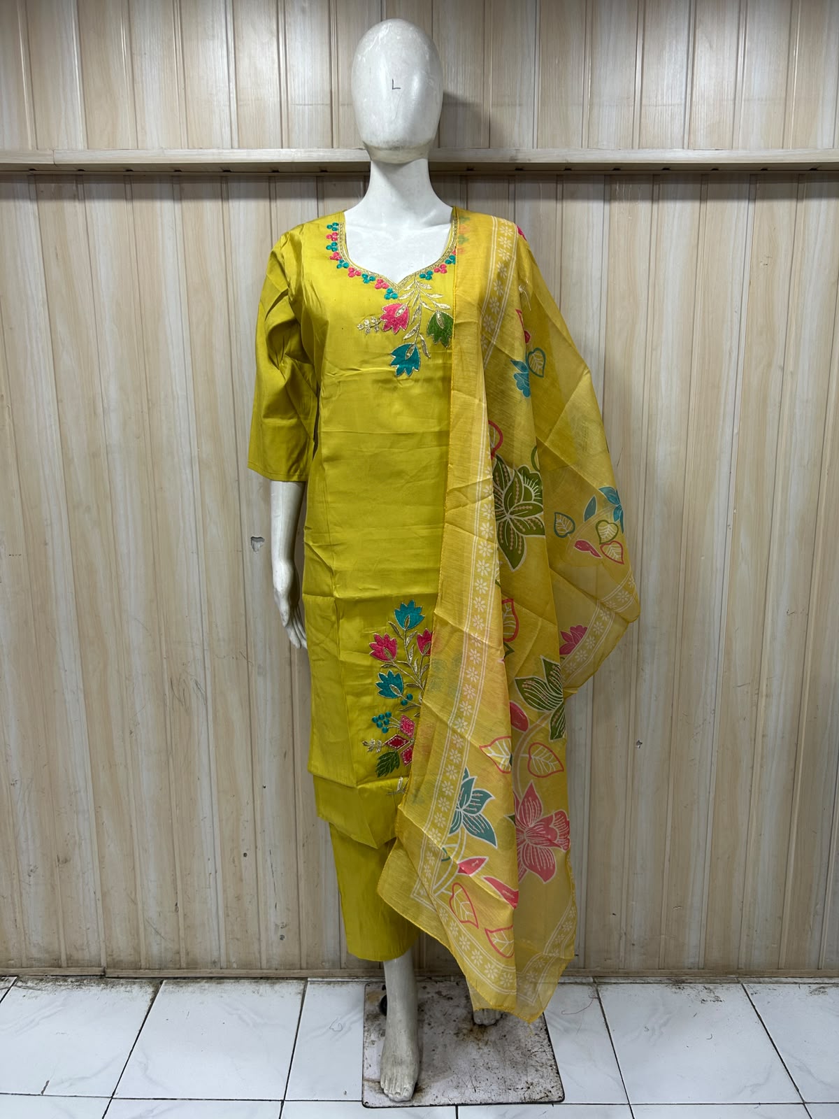 Yellow ROMAN SILK Embroidered 3-Piece Ethnic Suit Set