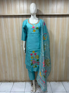 Turquoise ROMAN SILK Embroidered 3-Piece Ethnic Suit Set