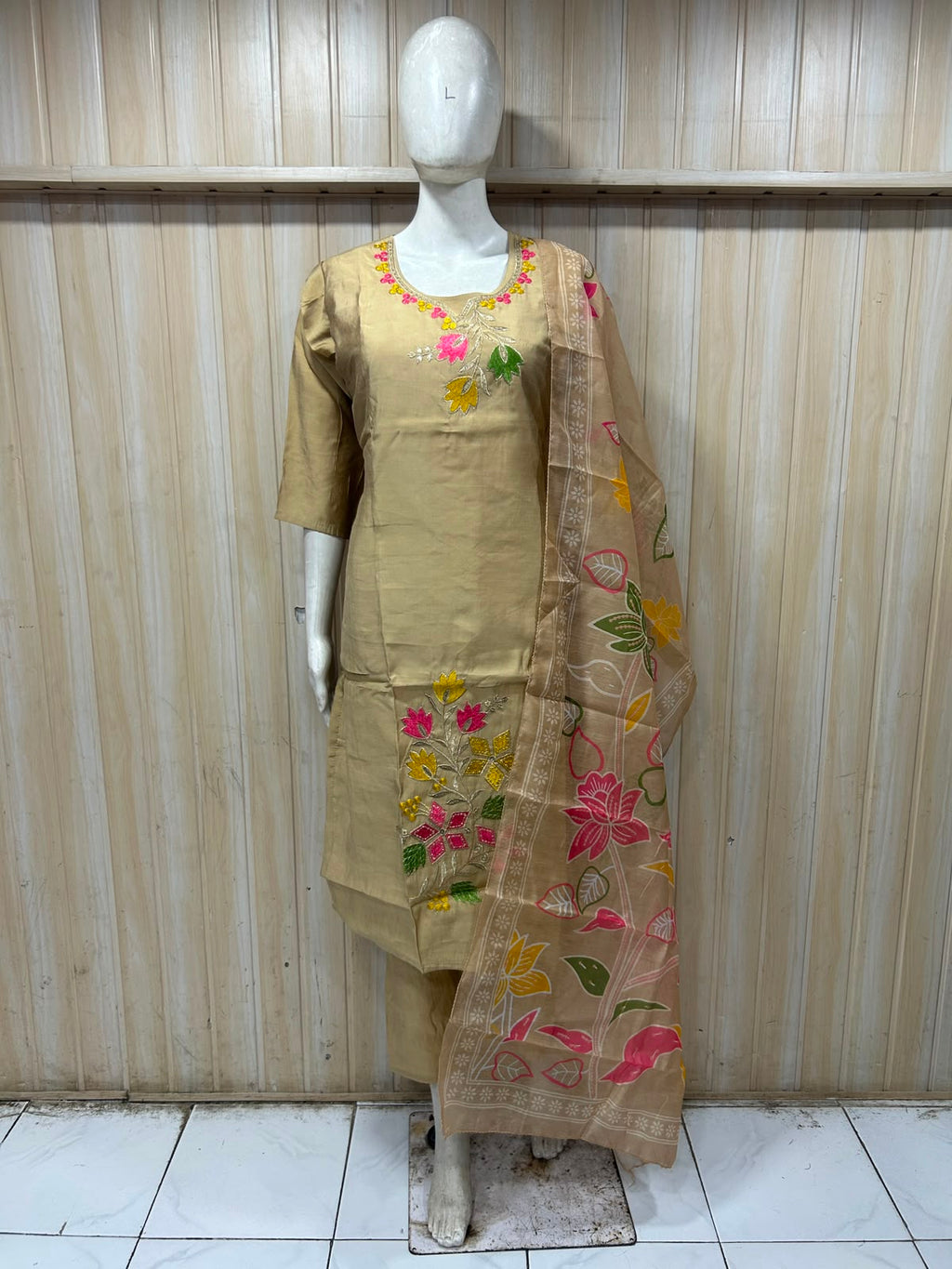 Beige ROMAN SILK Floral Embroidered 3-Piece Ethnic Suit