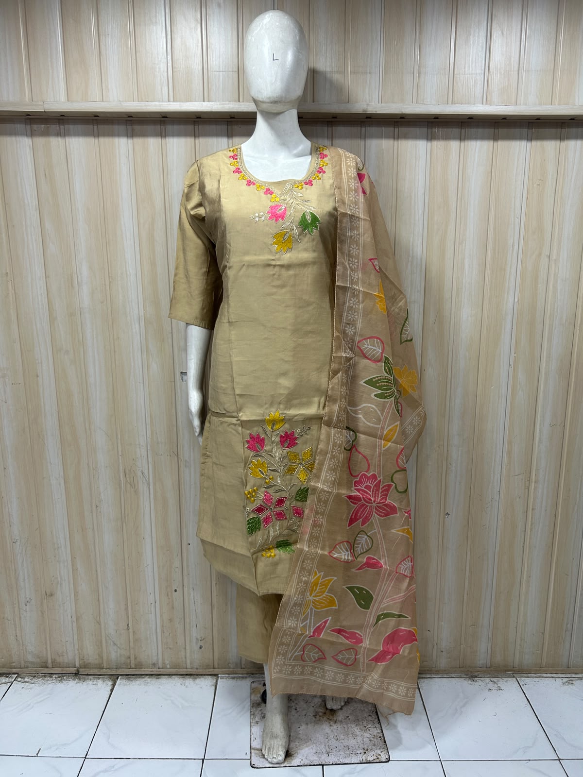 Beige ROMAN SILK Floral Embroidered 3-Piece Ethnic Suit