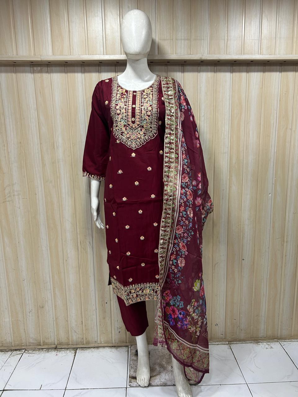 Maroon ROMAN SILK Embroidered 3-Piece Ethnic Suit Set